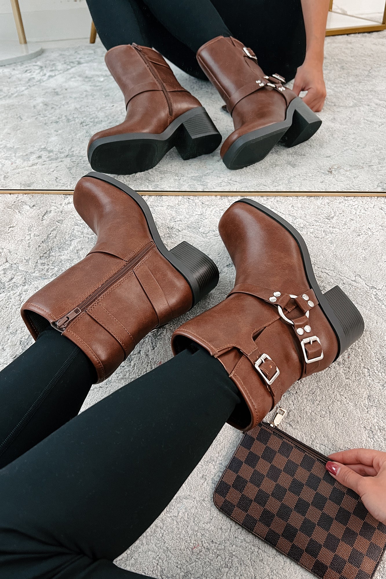 Tough As Nails Buckle Strap Chunky Biker Booties (Brown) - Image 6