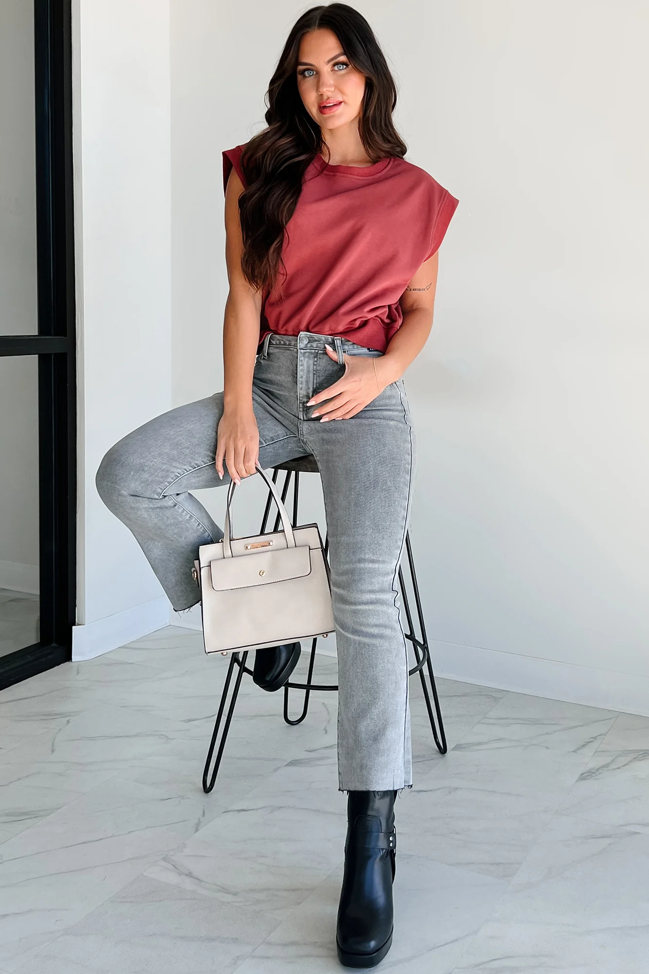 Tracie High Rise Crop Flare Cello Jeans (Grey) - Image 6