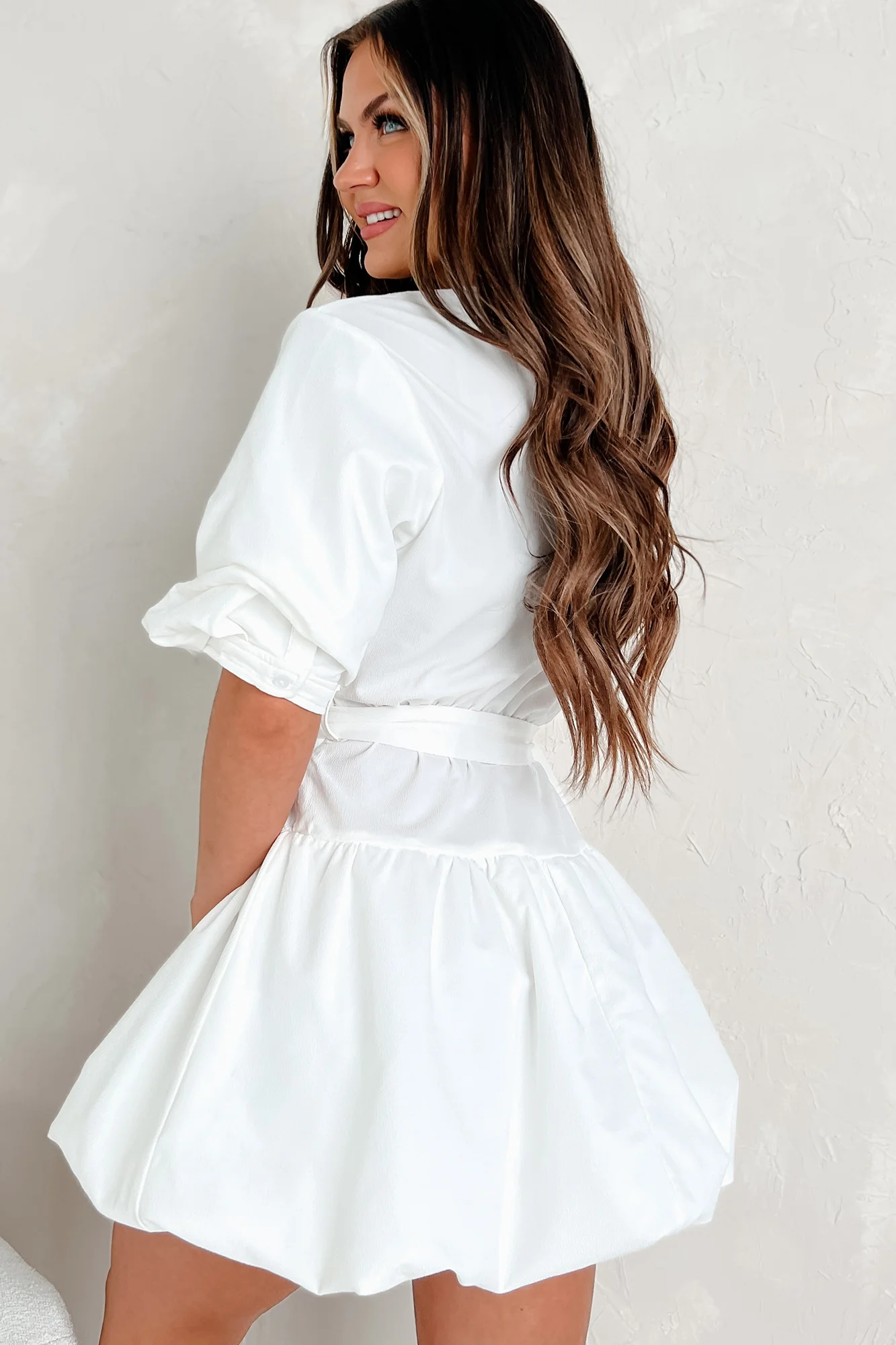 Tracy Belted Bubble Hem Mini Dress (Off White) - Image 4