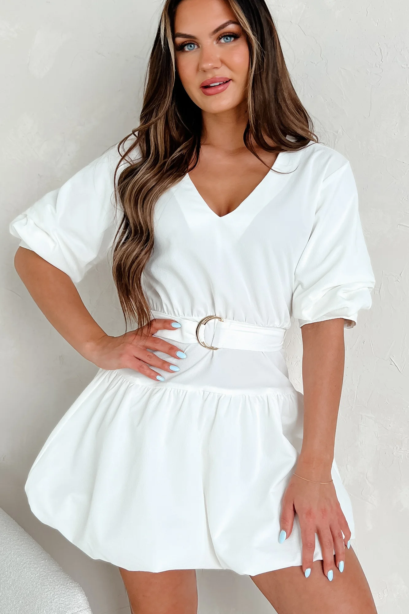 Tracy Belted Bubble Hem Mini Dress (Off White) - Image 6