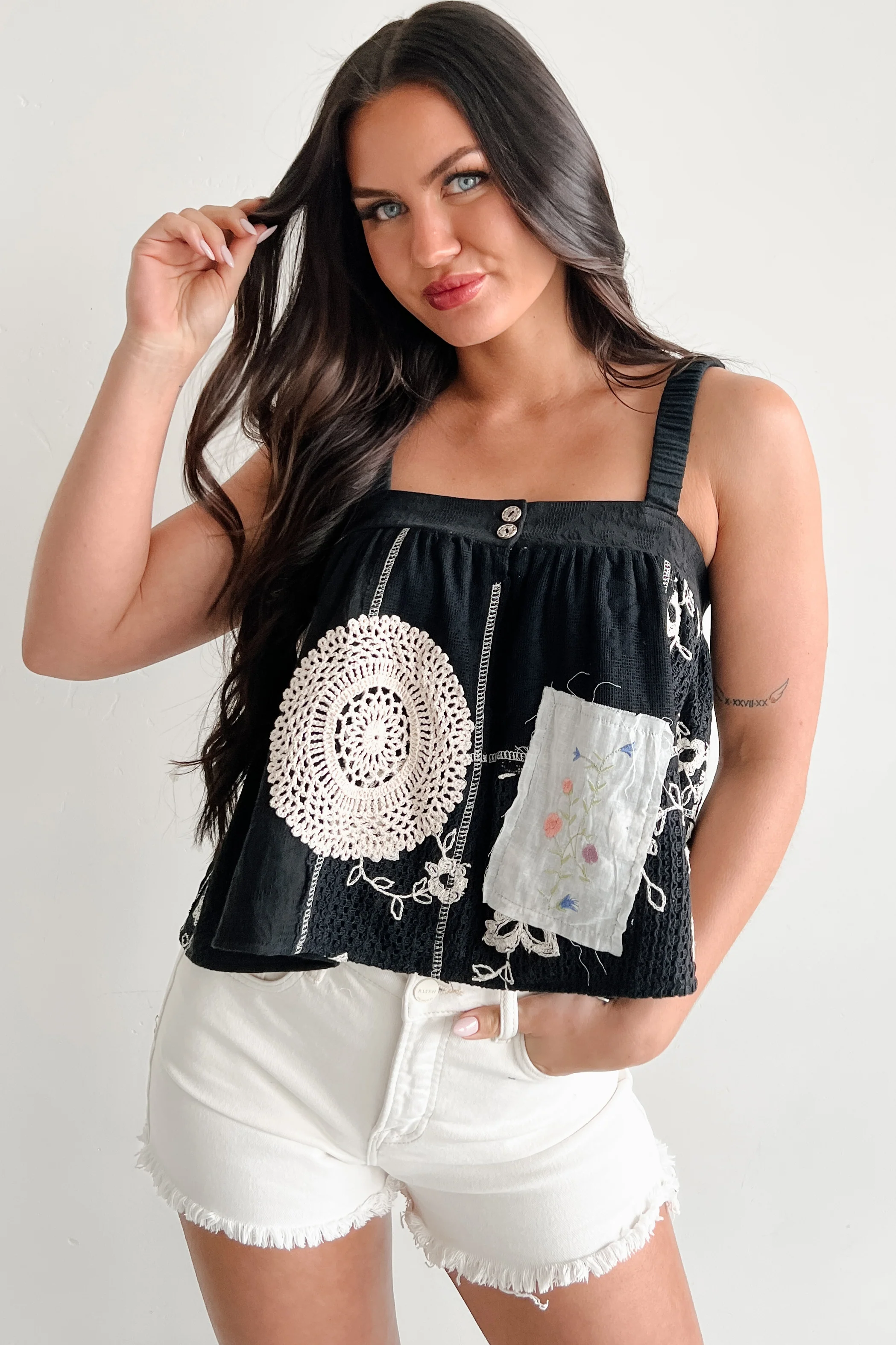 Trendsetter POL Crochet Patchwork Sleeveless Top (Black) - Image 11