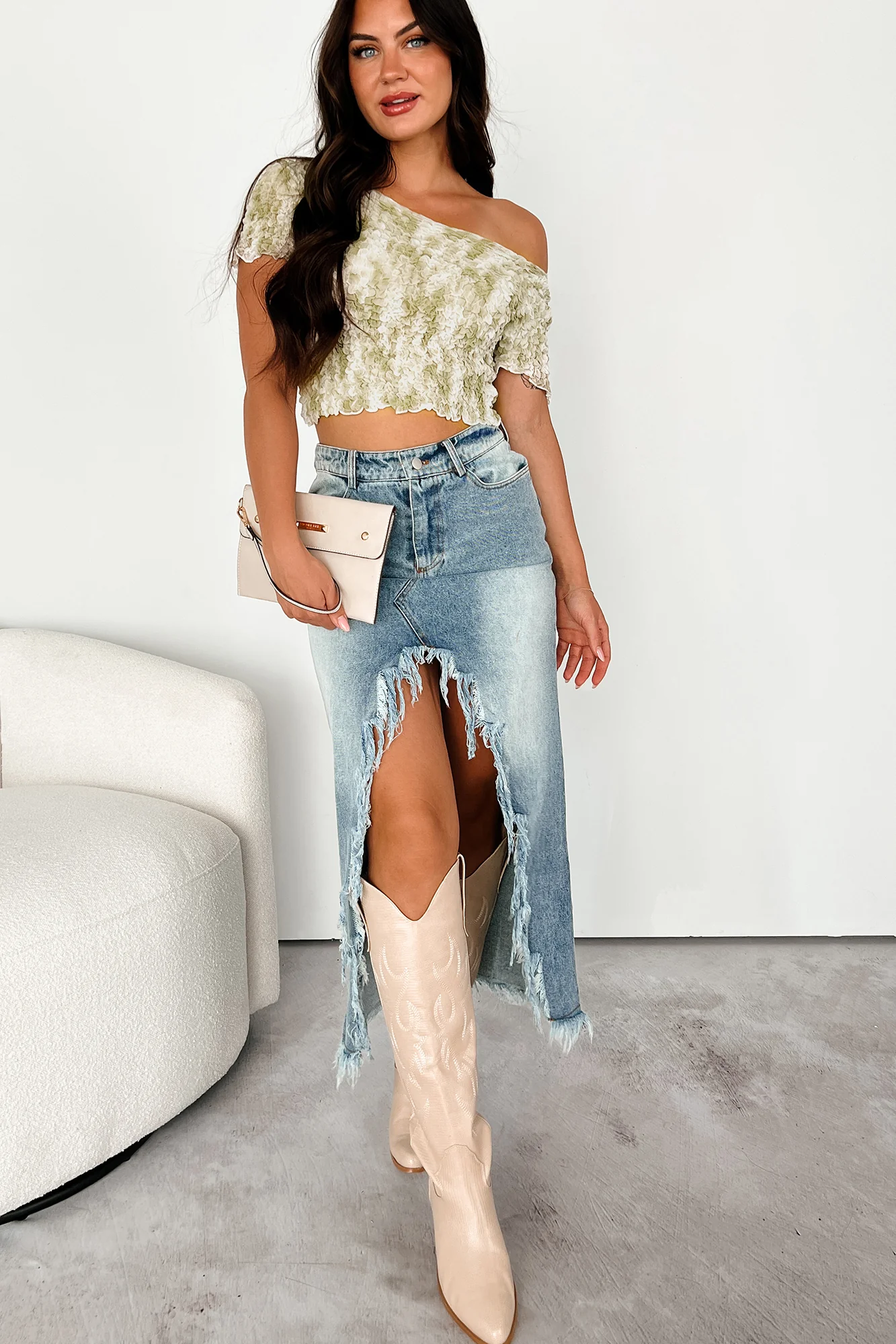 Tribute To The Past Bubble Smocked Crop Top (Olive/White) - Image 2