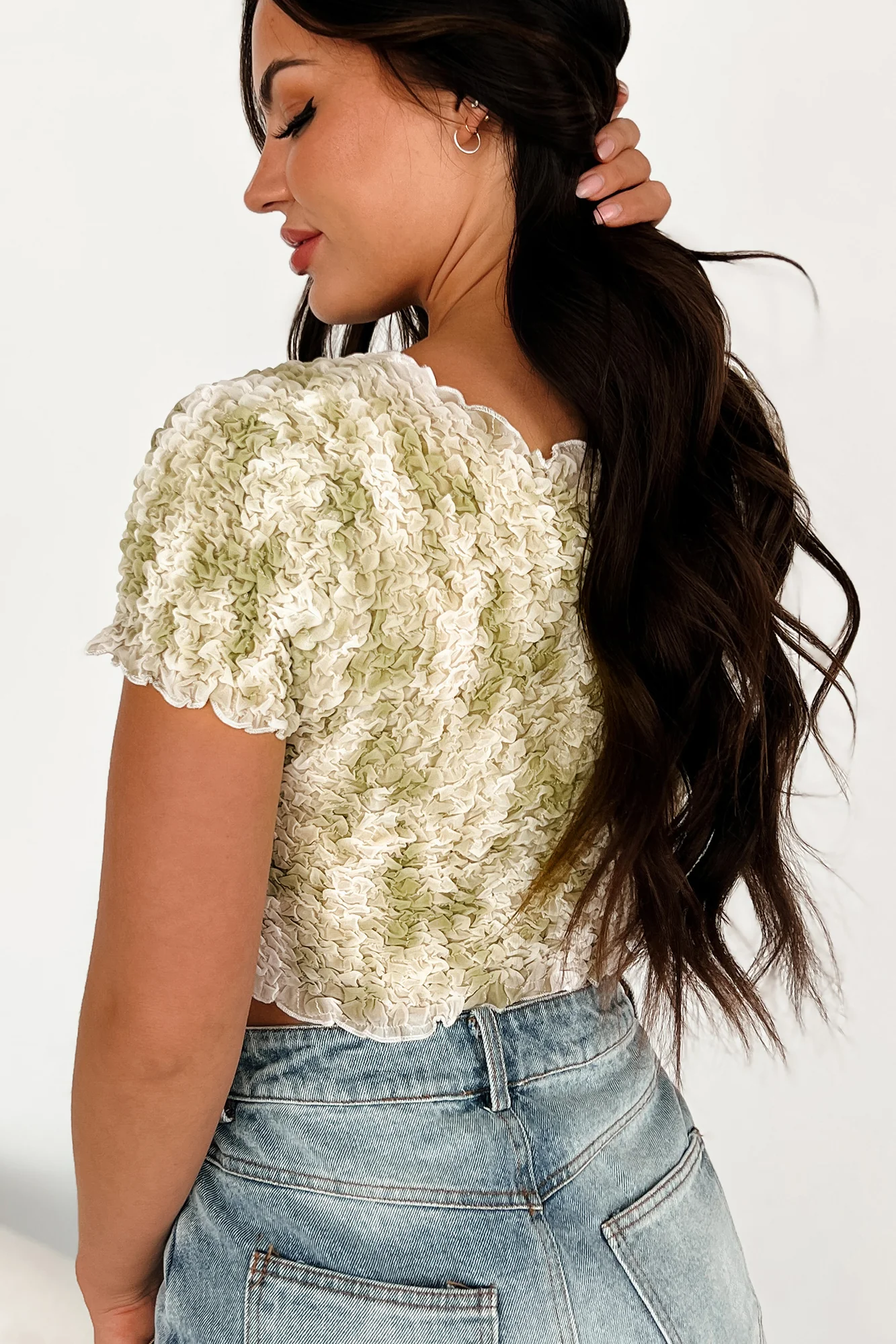 Tribute To The Past Bubble Smocked Crop Top (Olive/White) - Image 6