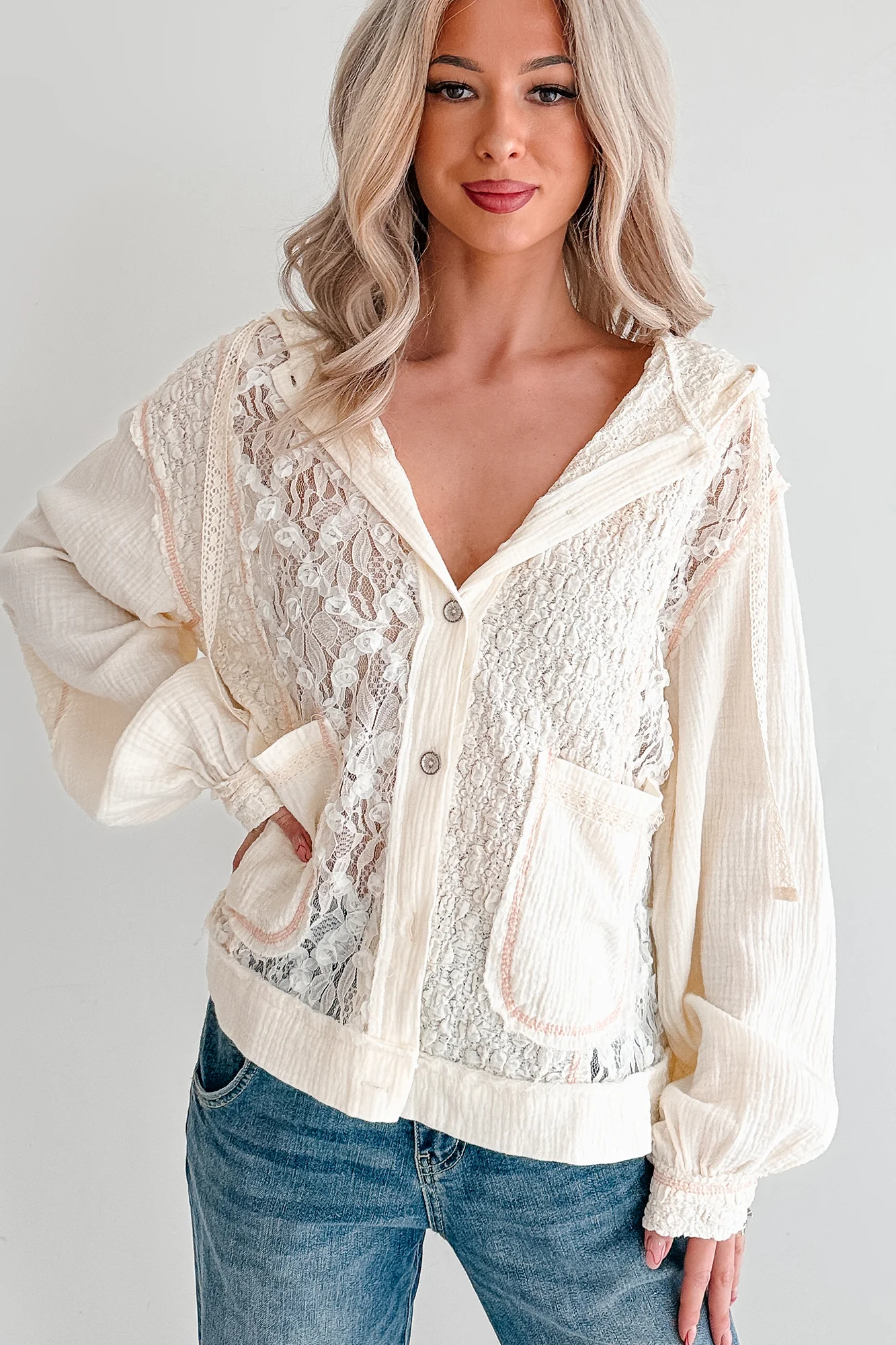 Trouble Please Textured POL Hooded Shacket (Natural) - Image 6