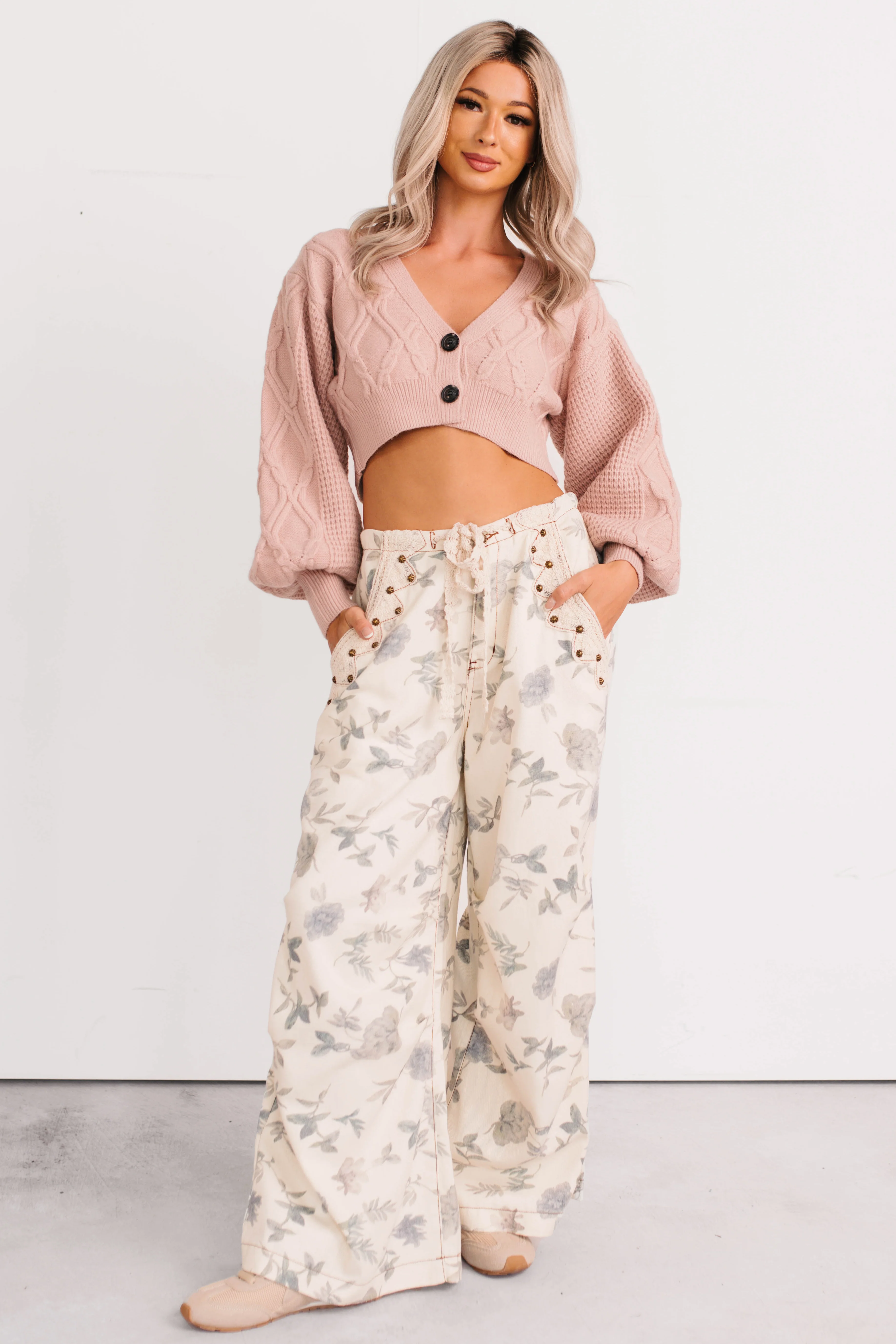 True Escapism Cropped Cable Knit Cardigan (Pink) - Image 2