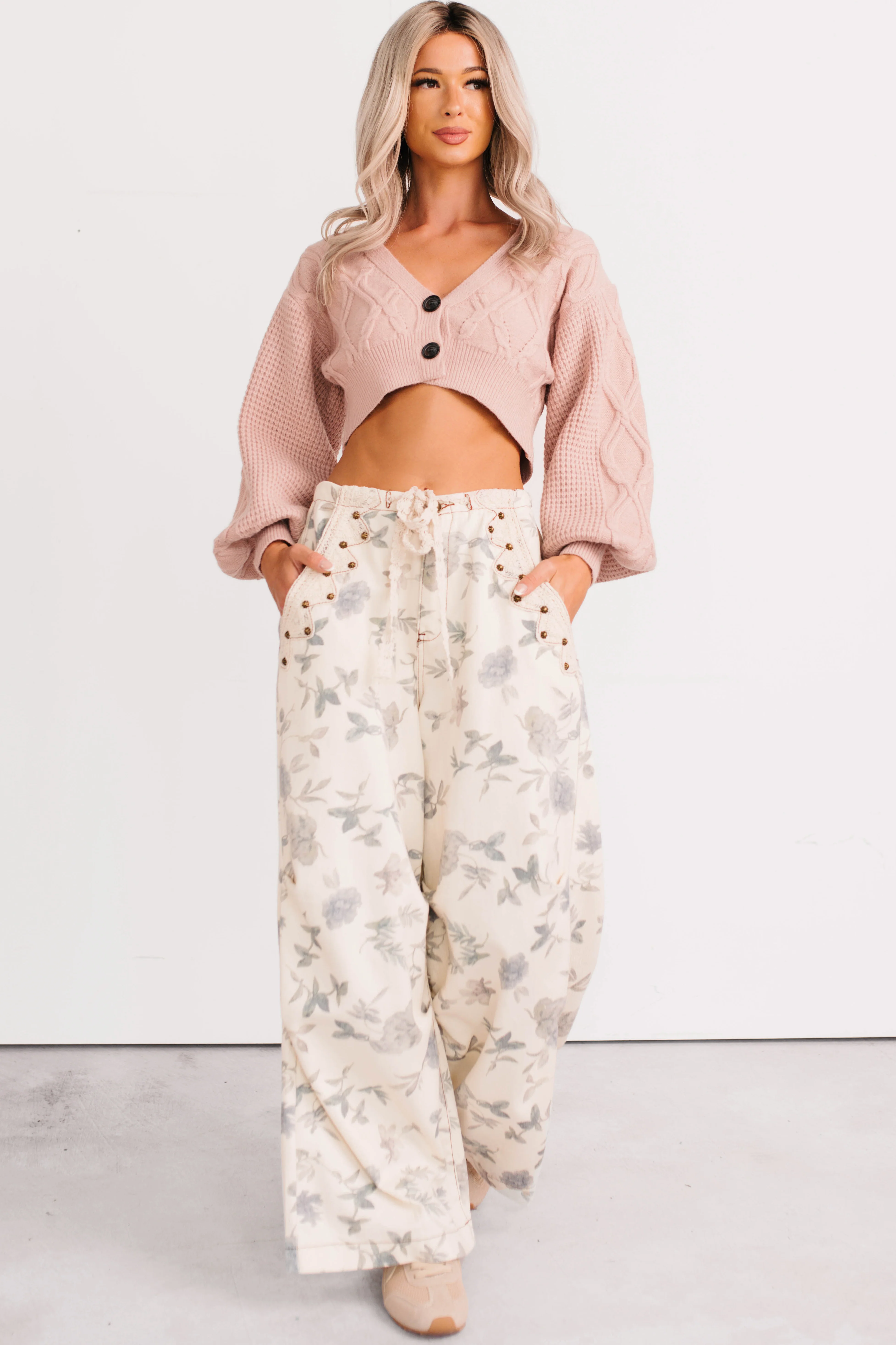 True Escapism Cropped Cable Knit Cardigan (Pink) - Image 6
