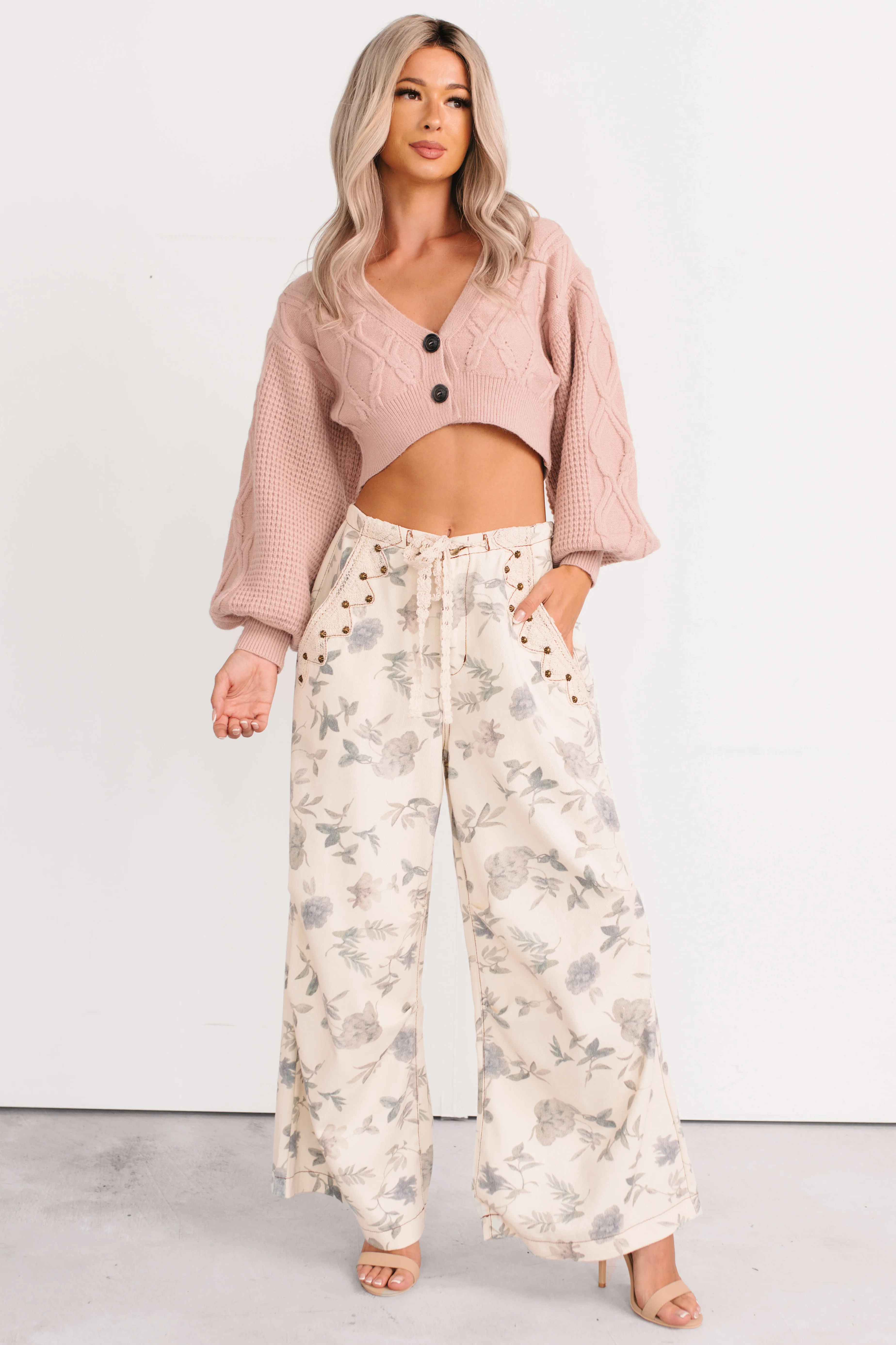 True Escapism Cropped Cable Knit Cardigan (Pink) - Image 8