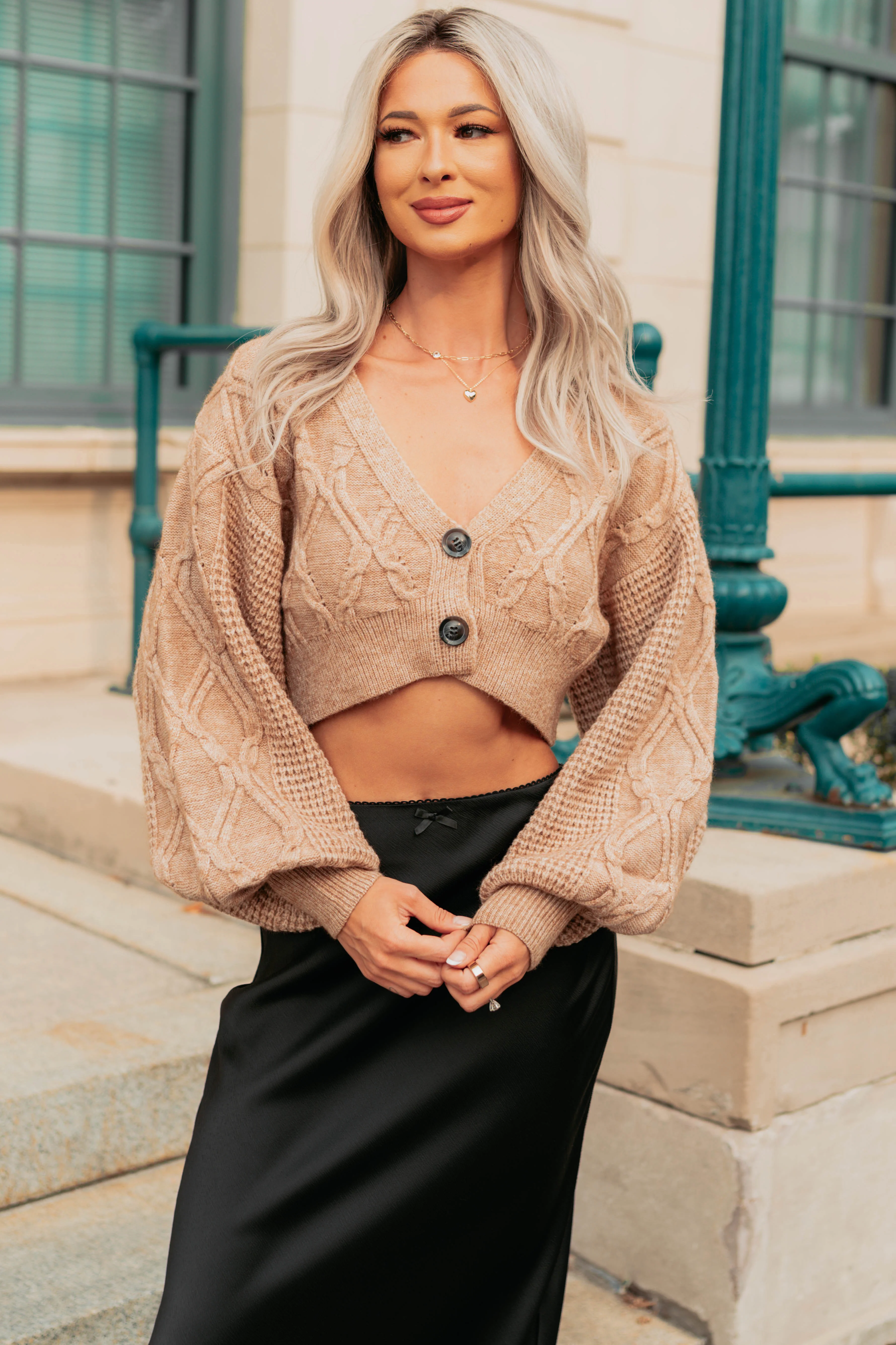 True Escapism Cropped Cable Knit Cardigan (Taupe) - Image 7