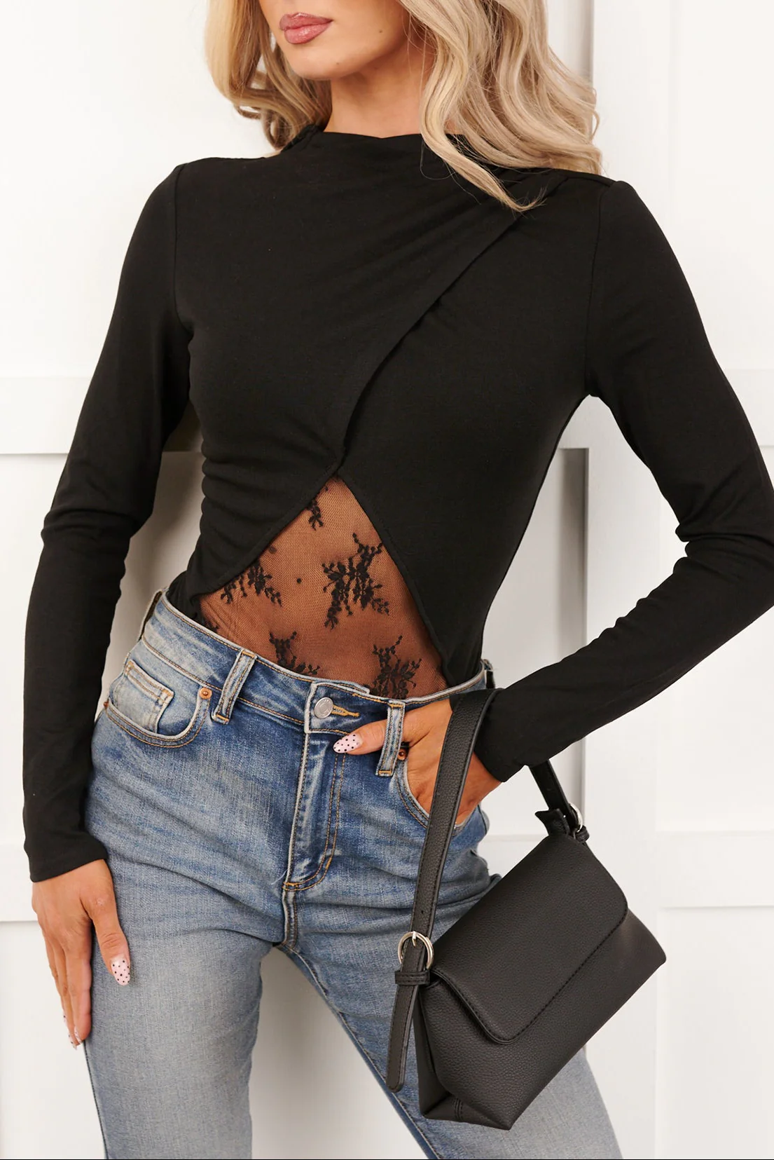 True Path Long Sleeve Lace Cut-Out Bodysuit (Black) - Image 2