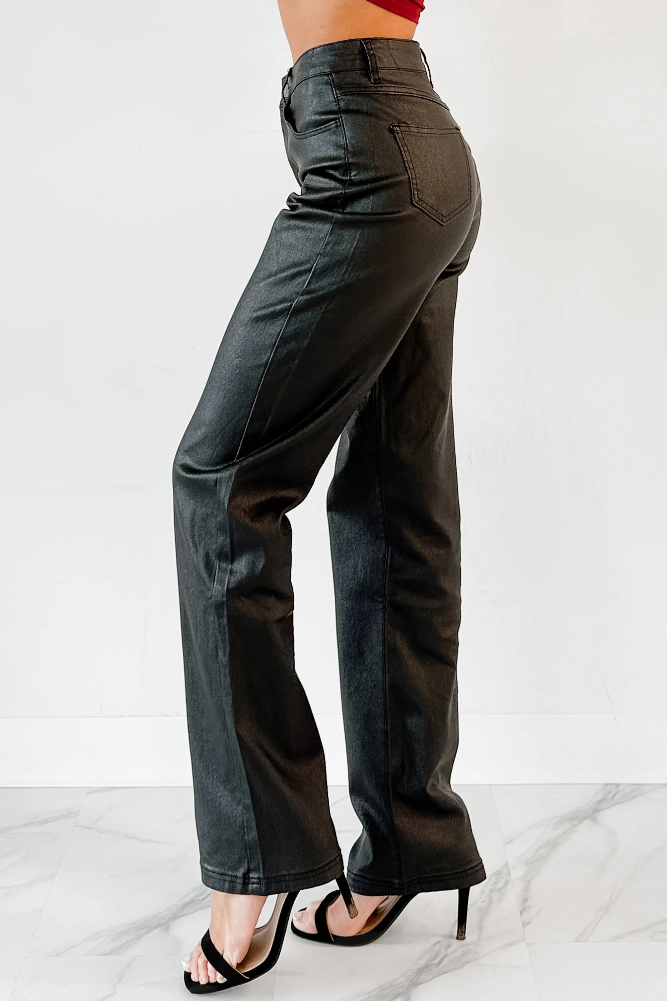 Truett Straight Leg Faux Leather Pants (Black) - Image 4