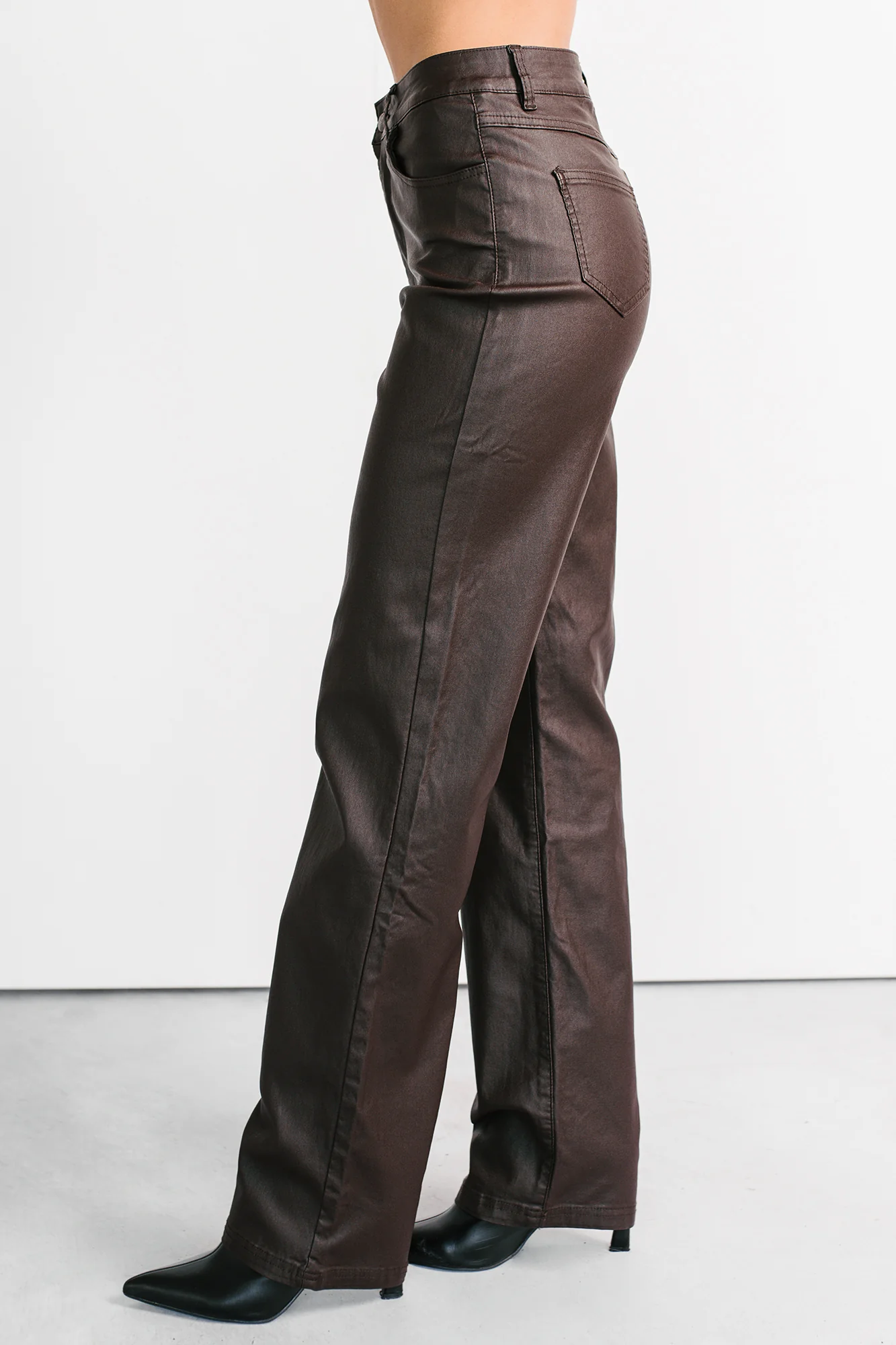 Truett Straight Leg Faux Leather Pants (Dark Brown) - Image 3
