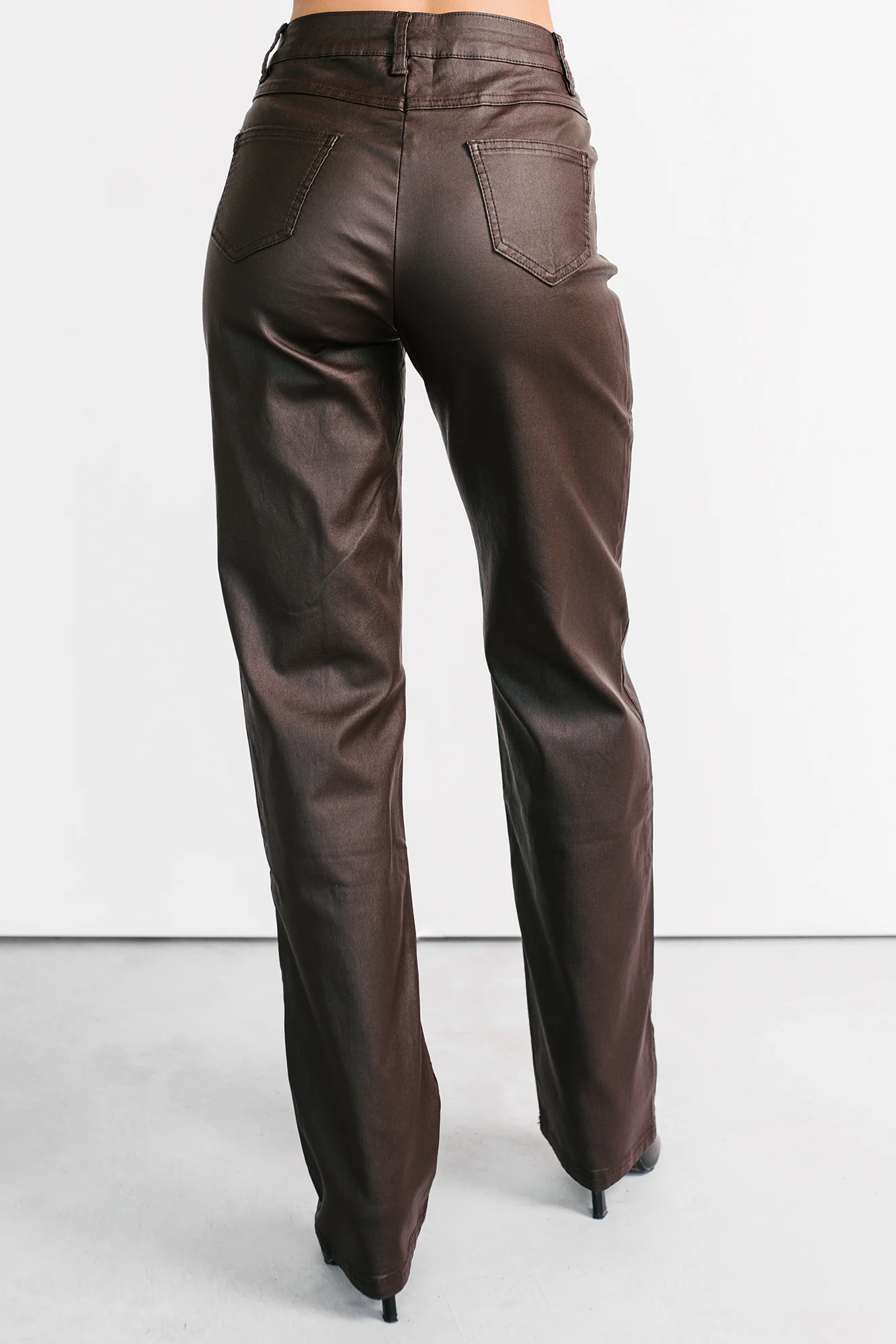 Truett Straight Leg Faux Leather Pants (Dark Brown) - Image 4