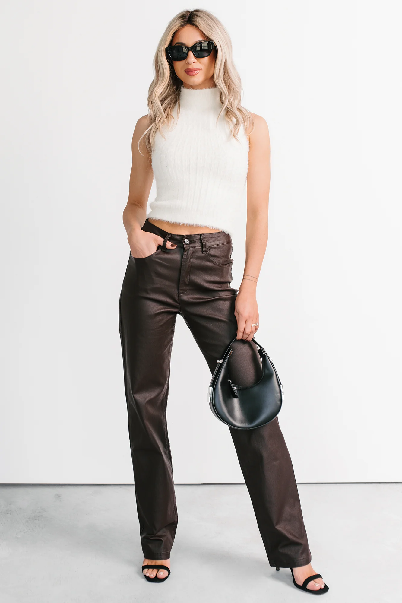 Truett Straight Leg Faux Leather Pants (Dark Brown) - Image 5