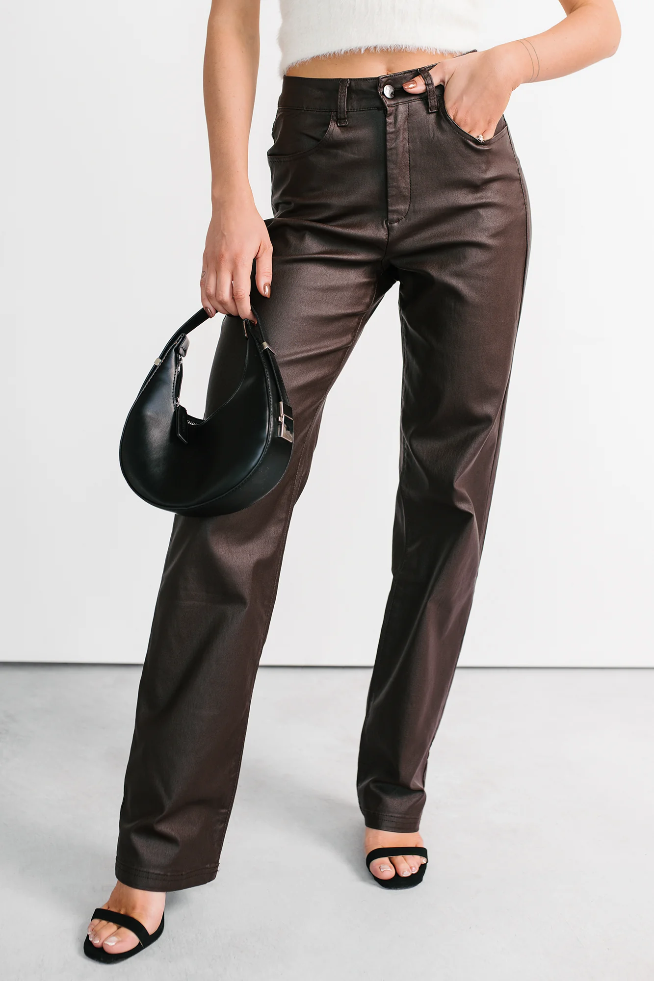 Truett Straight Leg Faux Leather Pants (Dark Brown) - Image 6