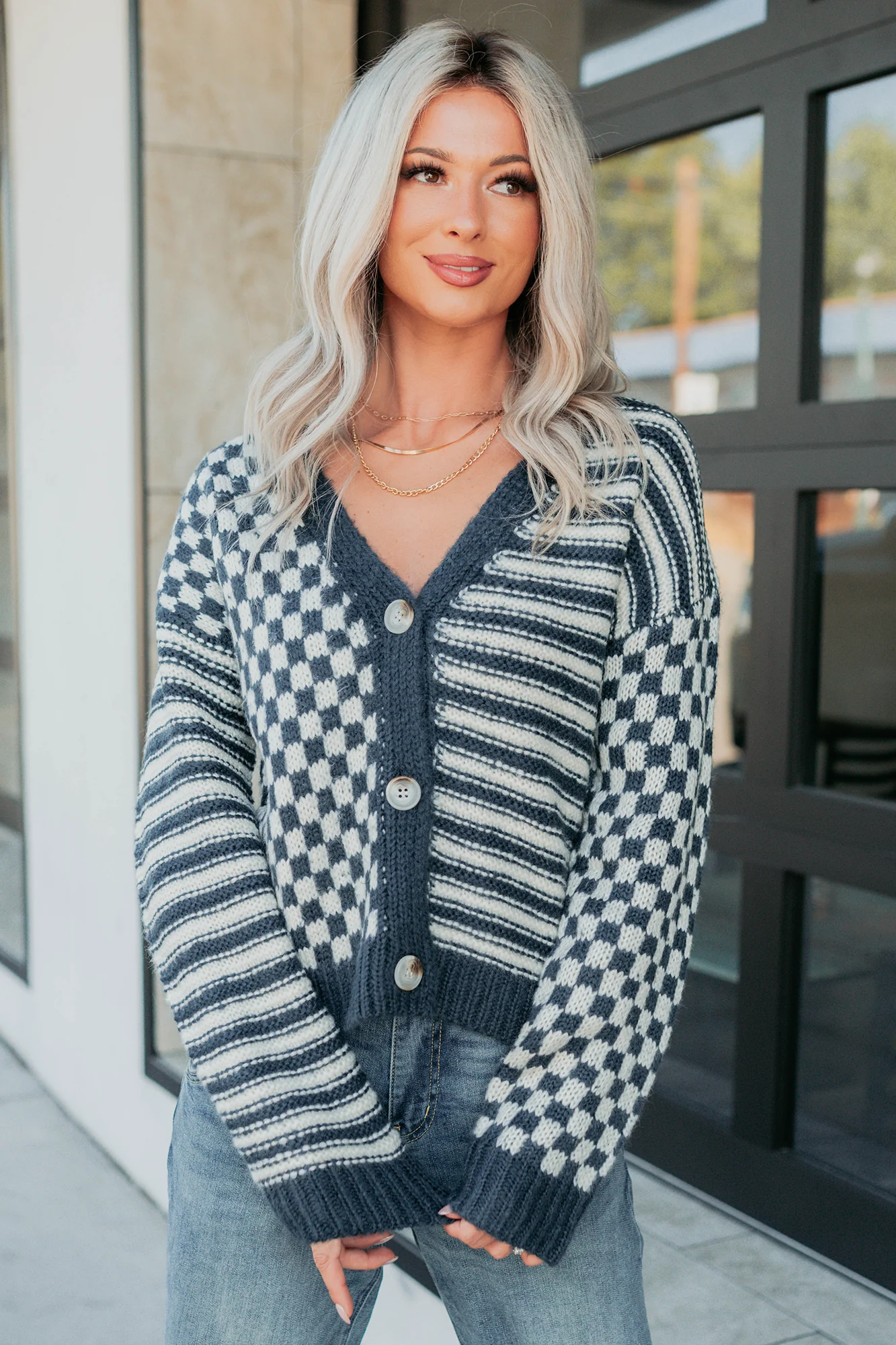 Tucked Away Checkered Stripe Knit Cardigan (Navy/Cream) - Image 2