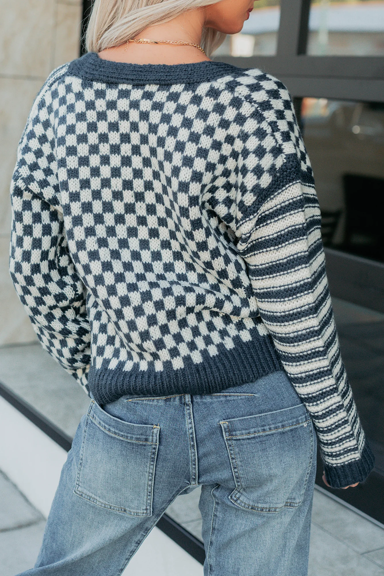 Tucked Away Checkered Stripe Knit Cardigan (Navy/Cream) - Image 5
