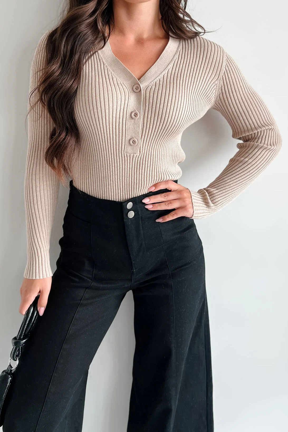 Tula Button Detail Ribbed Sweater Top (Oatmeal) - Image 3