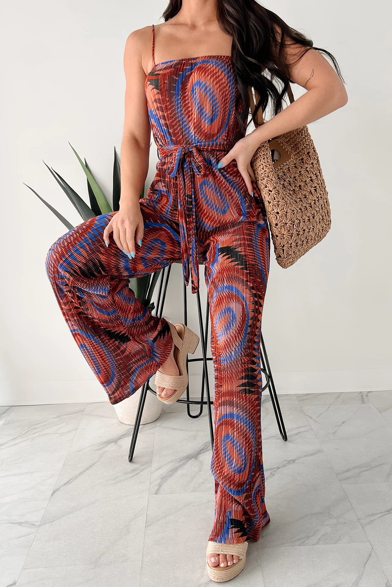 Turn Up The Volume Pleated Wide Leg Jumpsuit (Brick/Royal Blue) - Image 2