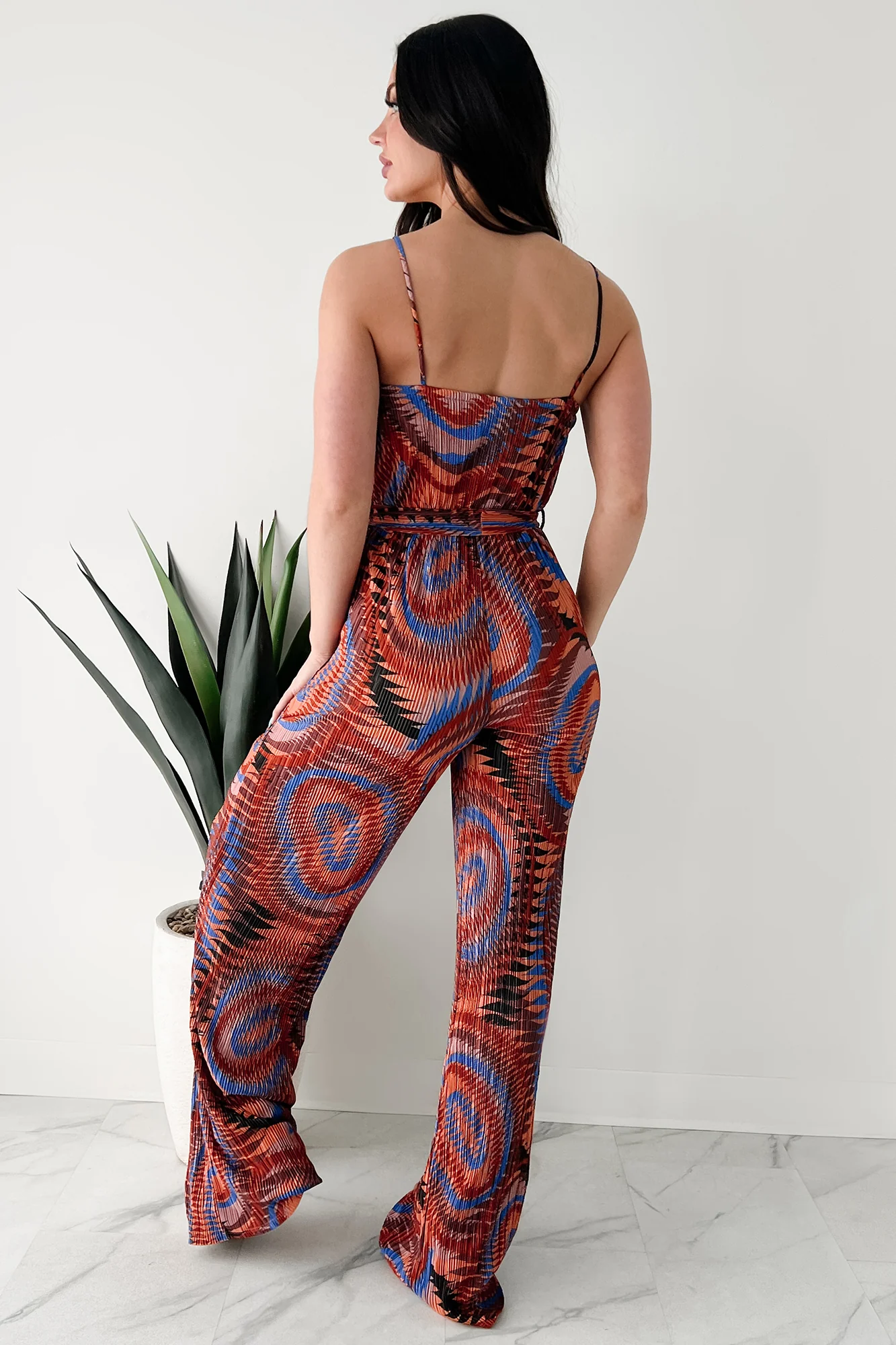 Turn Up The Volume Pleated Wide Leg Jumpsuit (Brick/Royal Blue) - Image 3