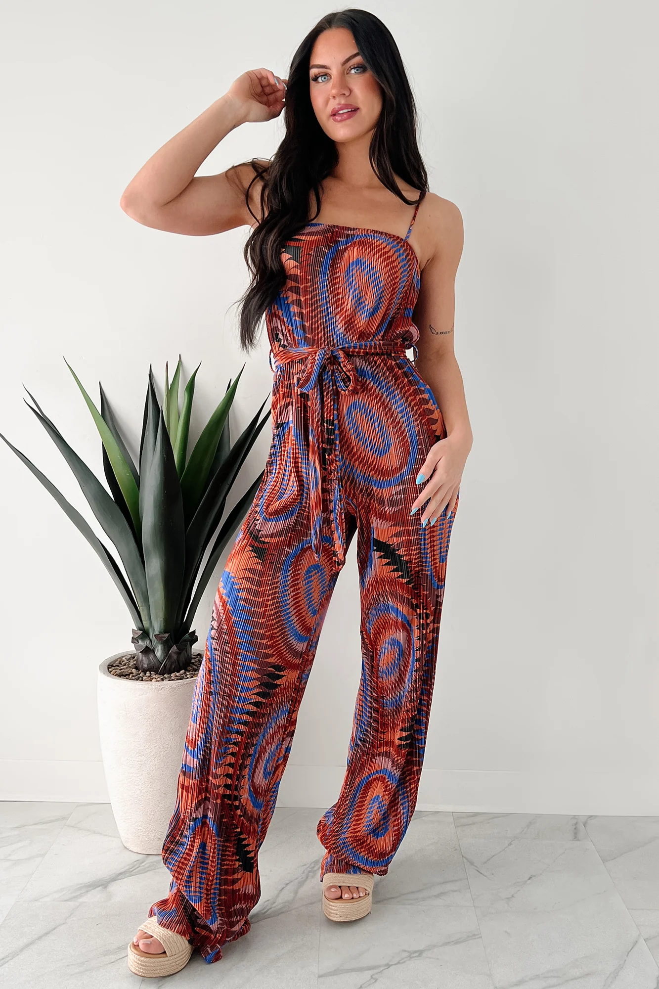Turn Up The Volume Pleated Wide Leg Jumpsuit (Brick/Royal Blue) - Image 4