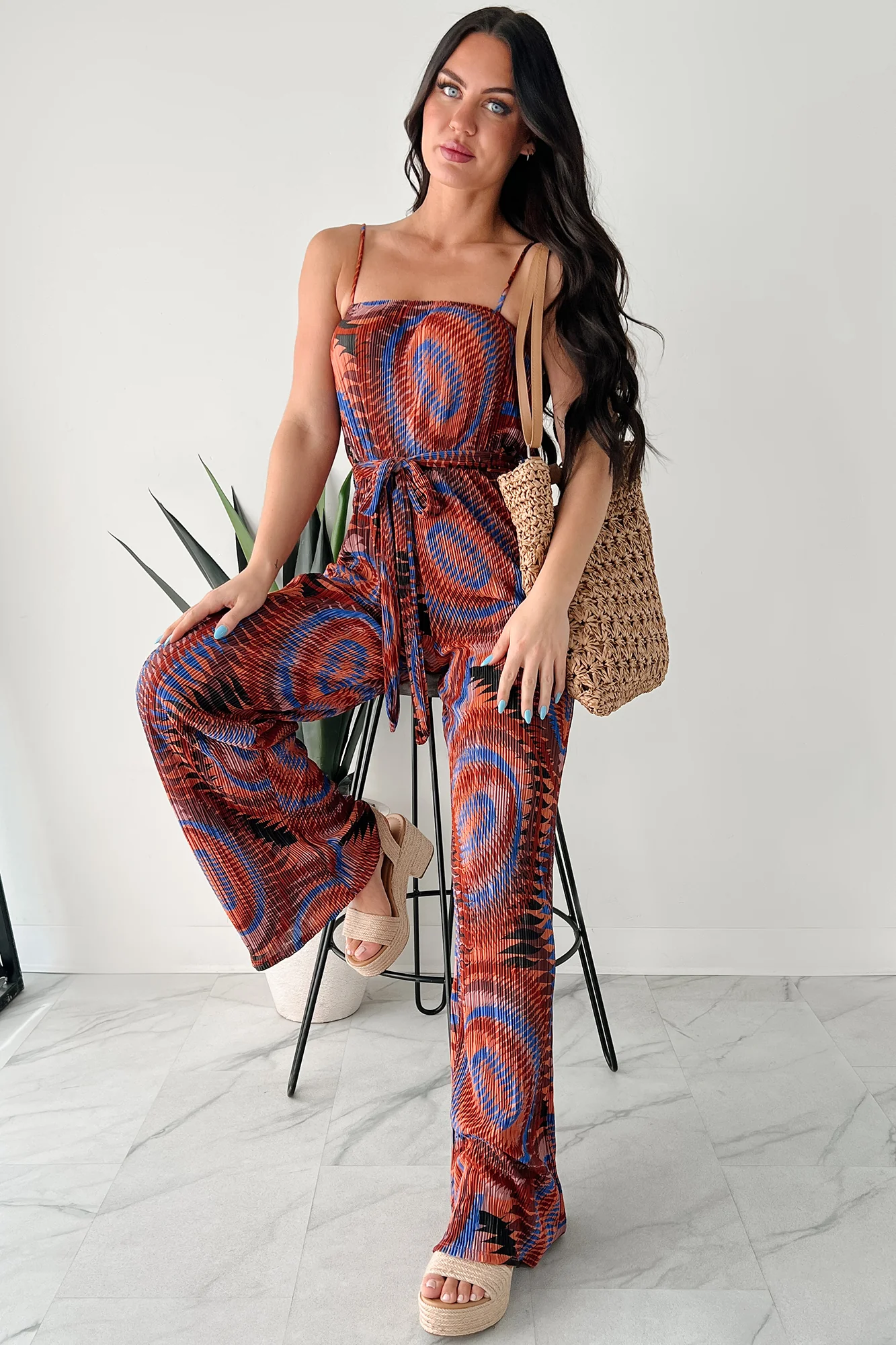 Turn Up The Volume Pleated Wide Leg Jumpsuit (Brick/Royal Blue) - Image 5