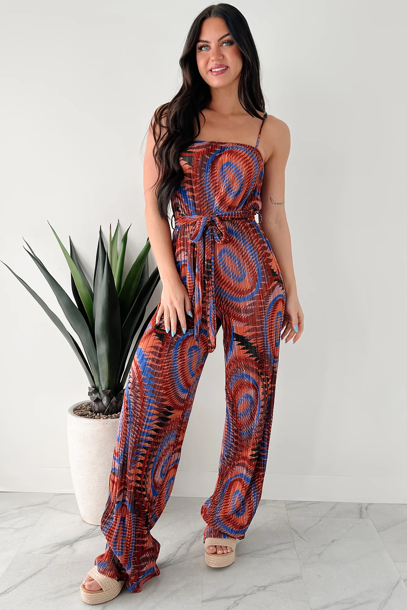 Turn Up The Volume Pleated Wide Leg Jumpsuit (Brick/Royal Blue) - Image 6