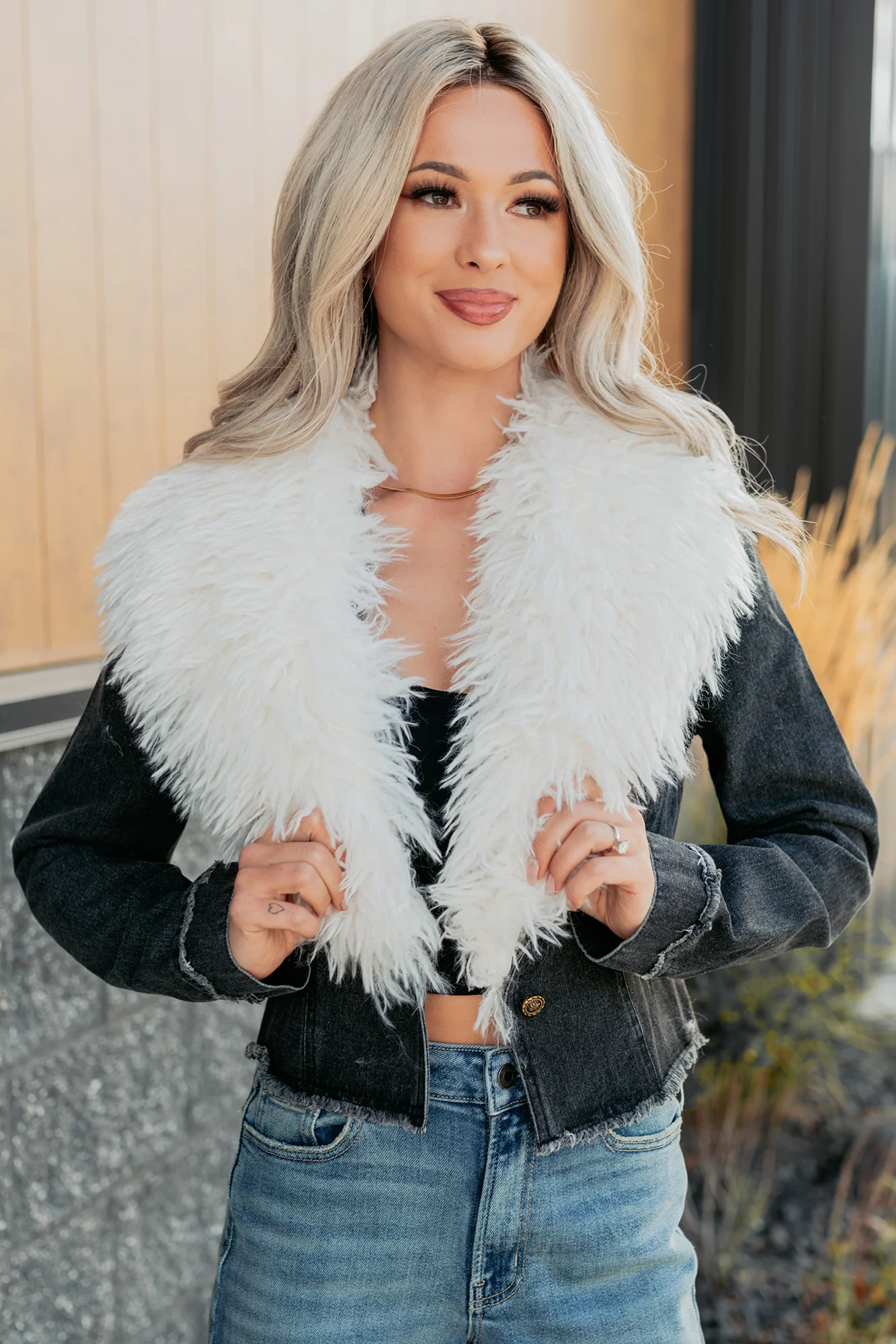 Unapologetic Glow Denim Fur Collar Jacket (Black) - Image 5