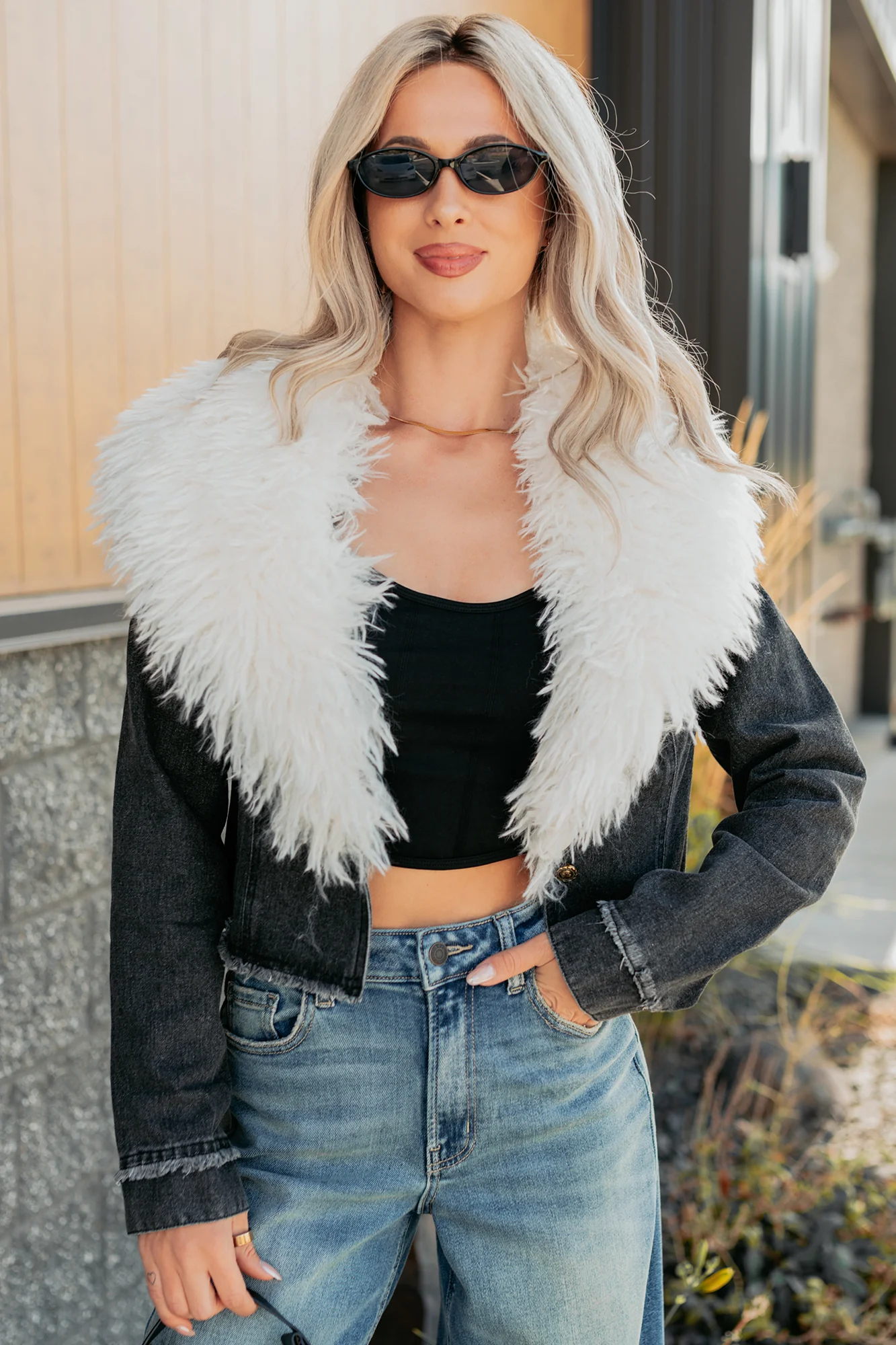 Unapologetic Glow Denim Fur Collar Jacket (Black) - Image 6