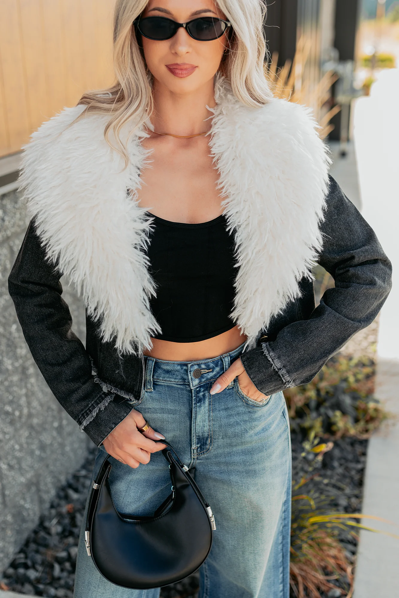 Unapologetic Glow Denim Fur Collar Jacket (Black) - Image 7