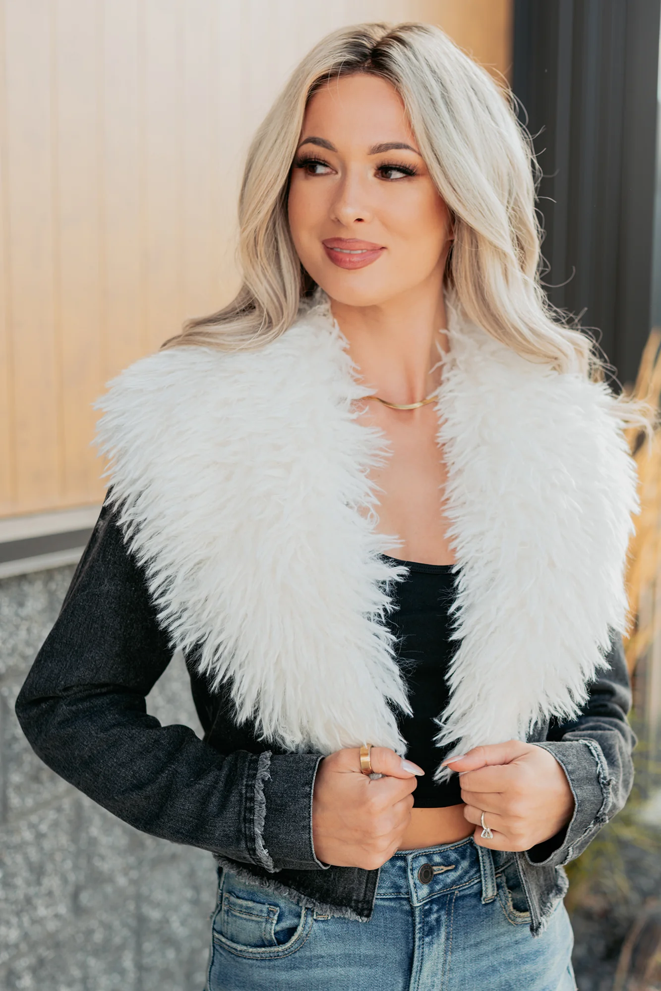Unapologetic Glow Denim Fur Collar Jacket (Black) - Image 8