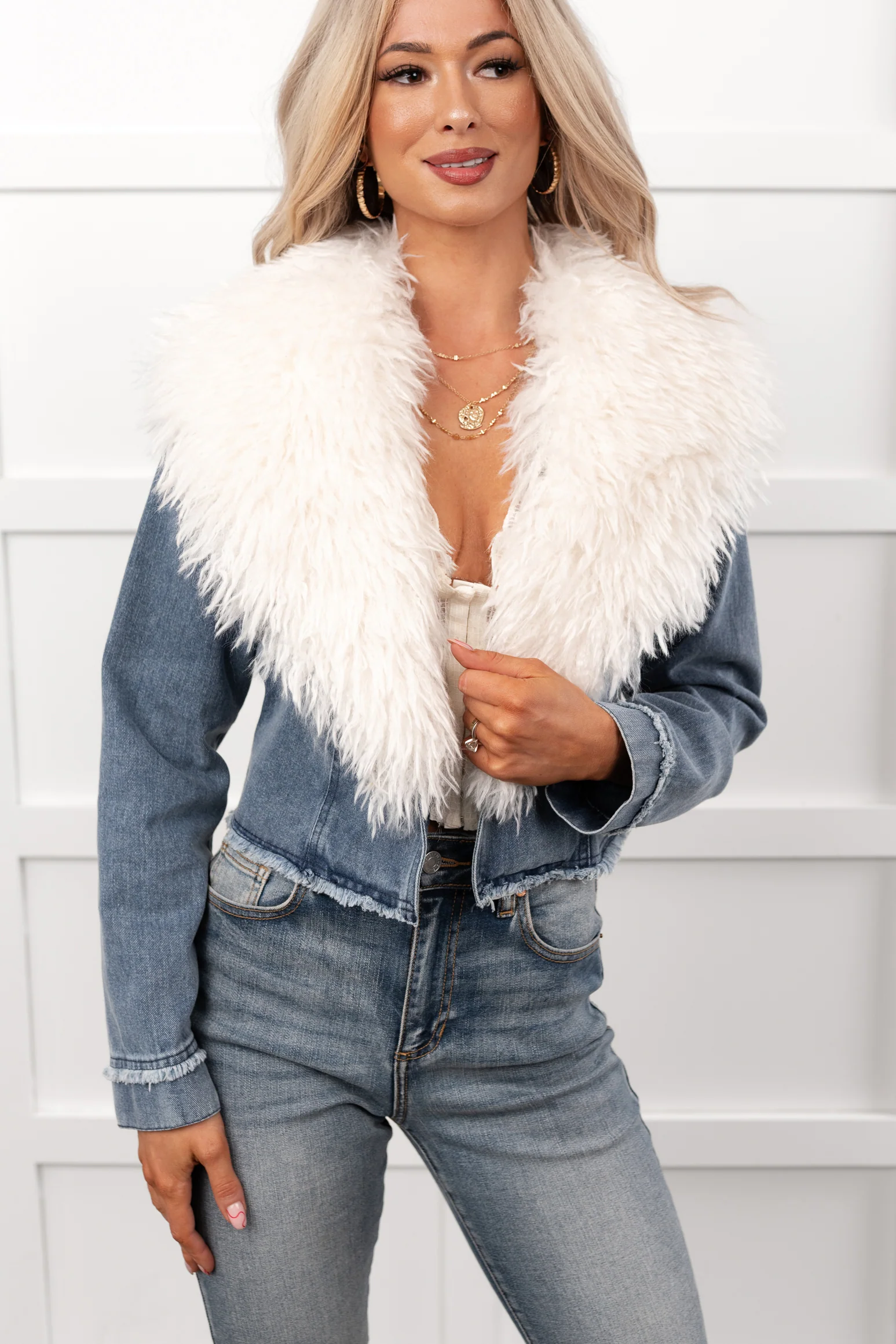 Unapologetic Glow Denim Fur Collar Jacket (Light Blue) - Image 6