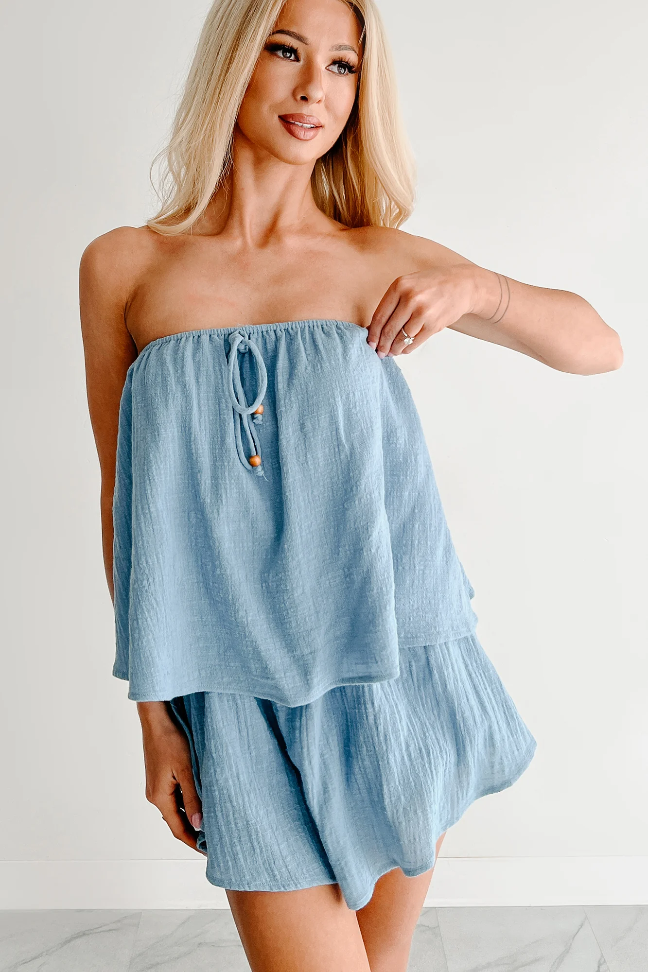 Unchained Melody Strapless Flounce Skort Romper (Blue) - Image 7