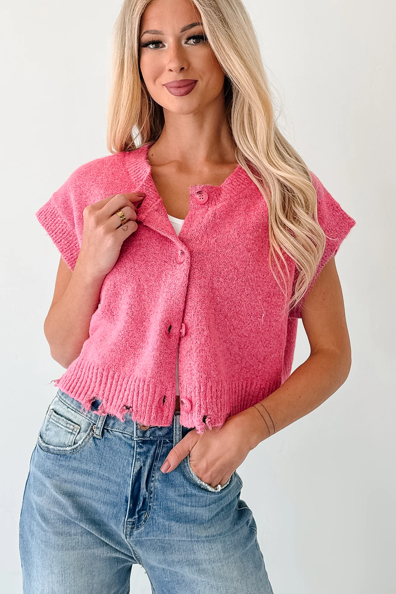 Undemanding Comfort Distressed Button-Up Sweater Vest (Pink) - Image 3