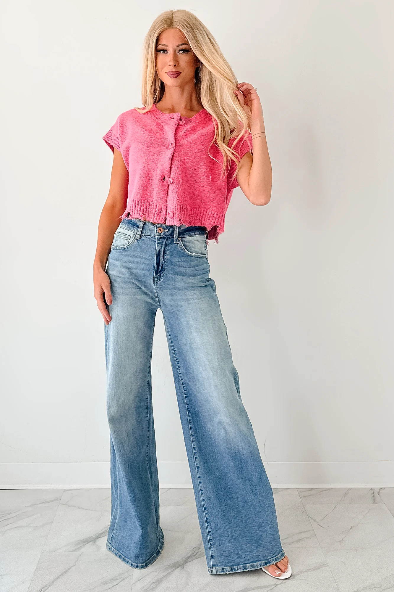 Undemanding Comfort Distressed Button-Up Sweater Vest (Pink) - Image 5