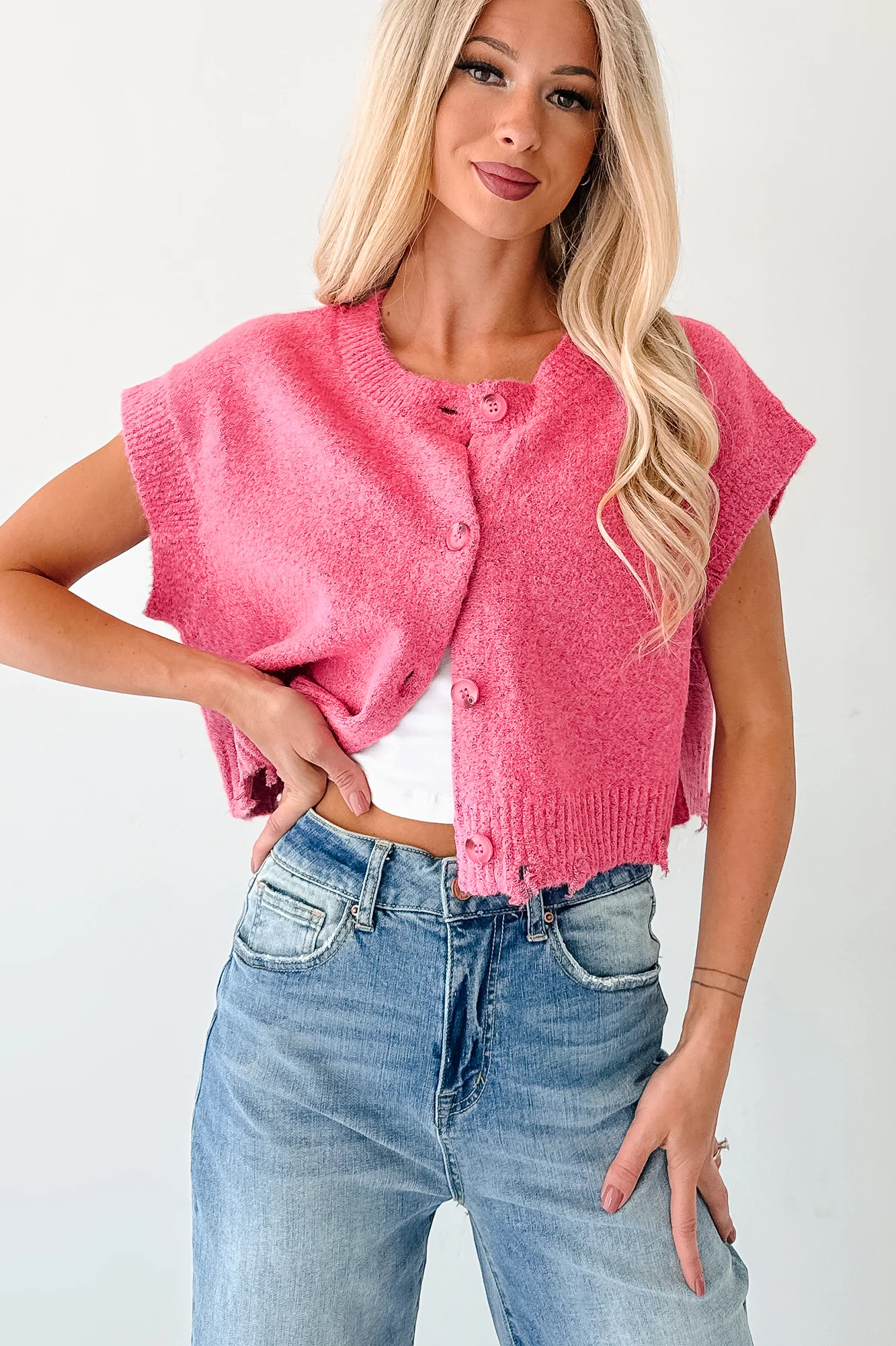 Undemanding Comfort Distressed Button-Up Sweater Vest (Pink) - Image 7