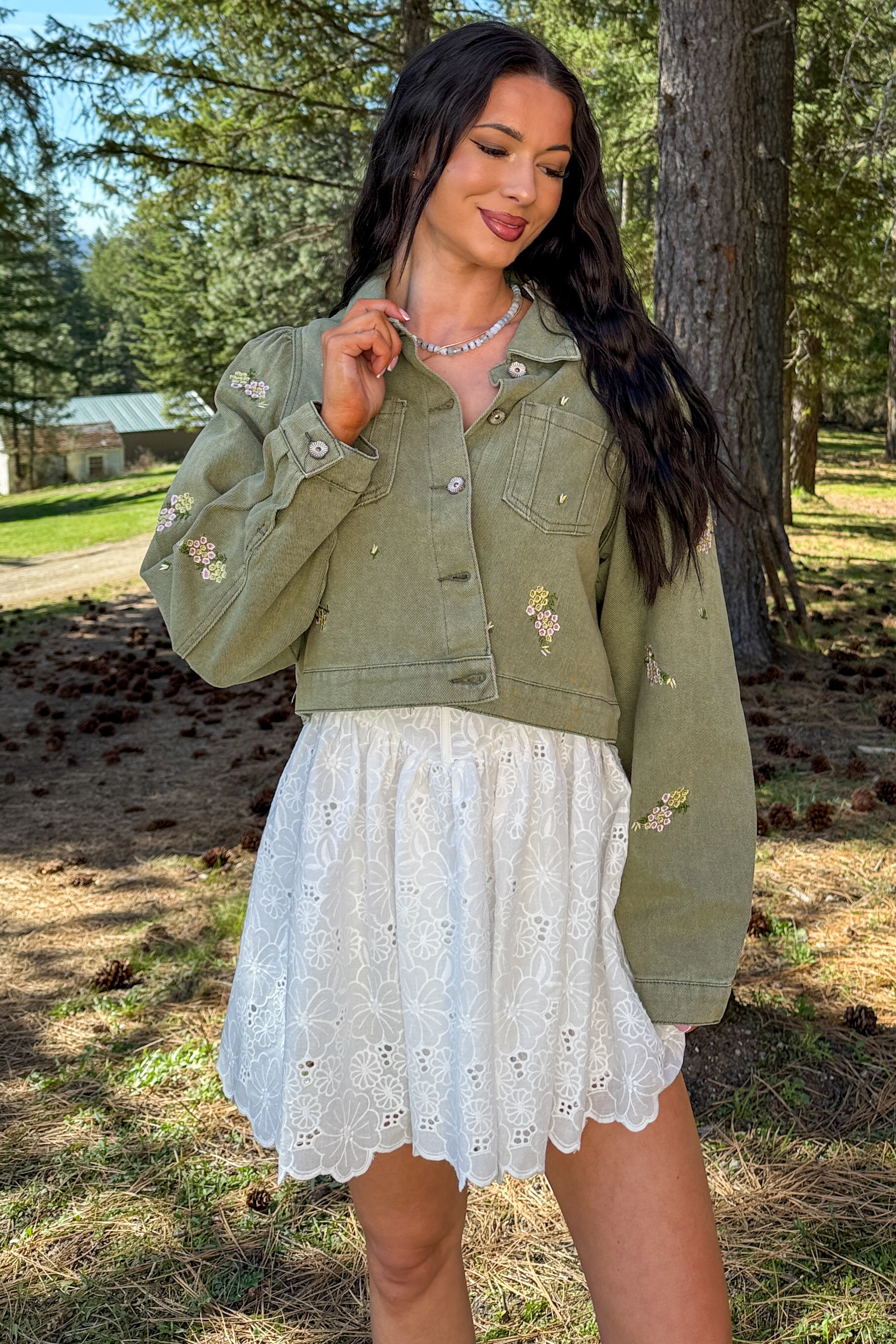 Under The Sun Floral Denim Cropped Shacket (Olive) - Image 3