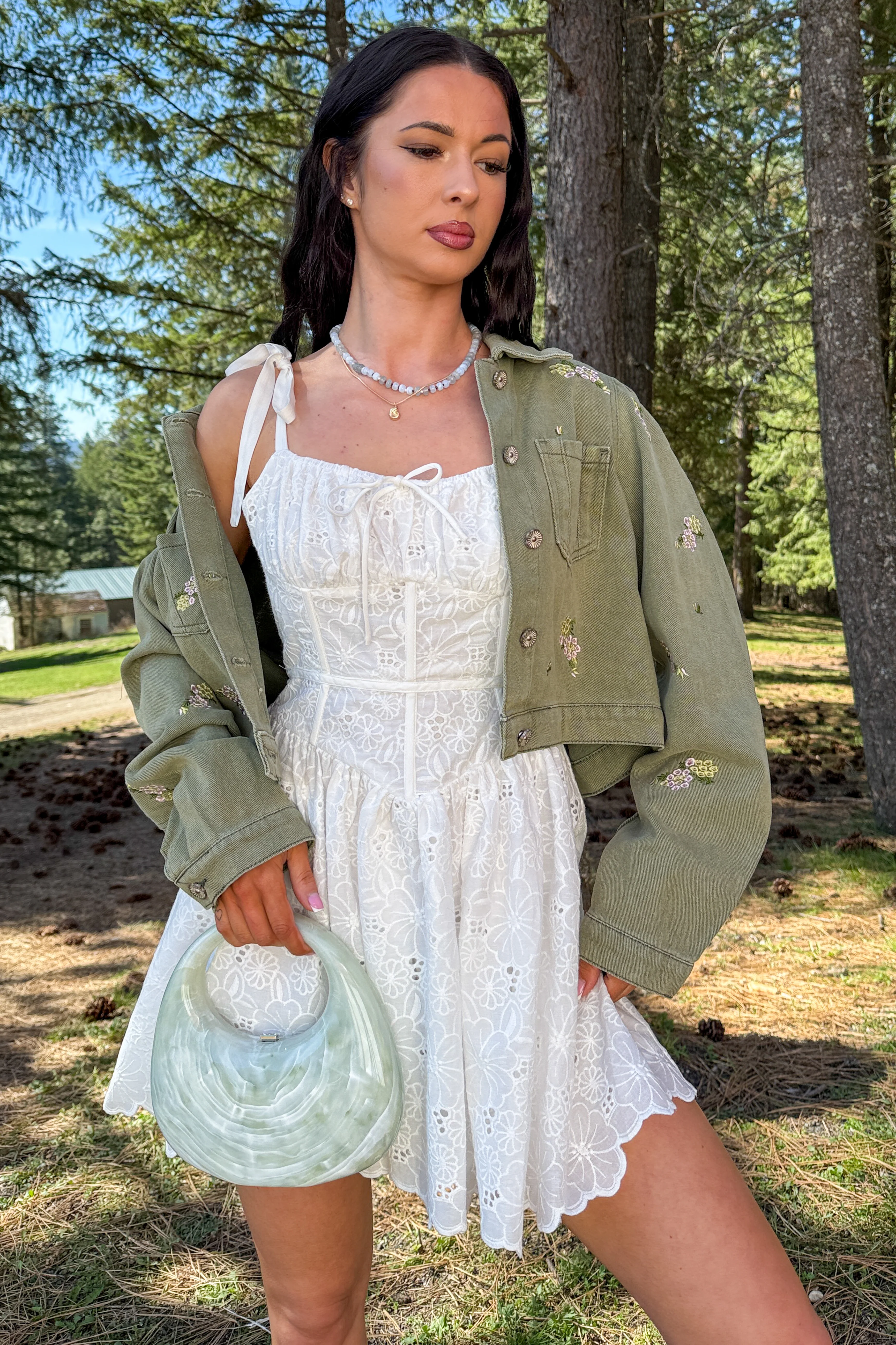 Under The Sun Floral Denim Cropped Shacket (Olive) - Image 4