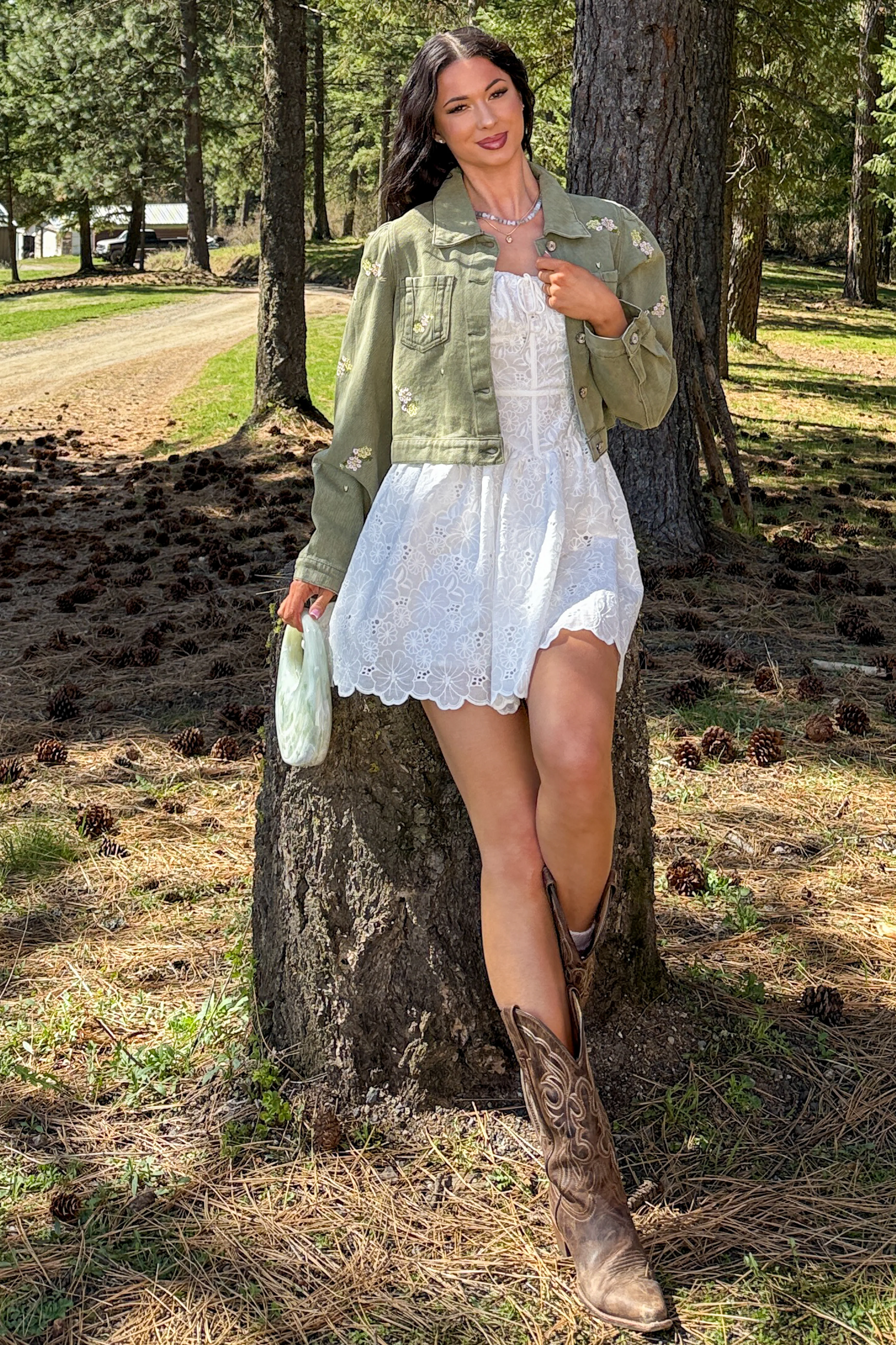 Under The Sun Floral Denim Cropped Shacket (Olive) - Image 5