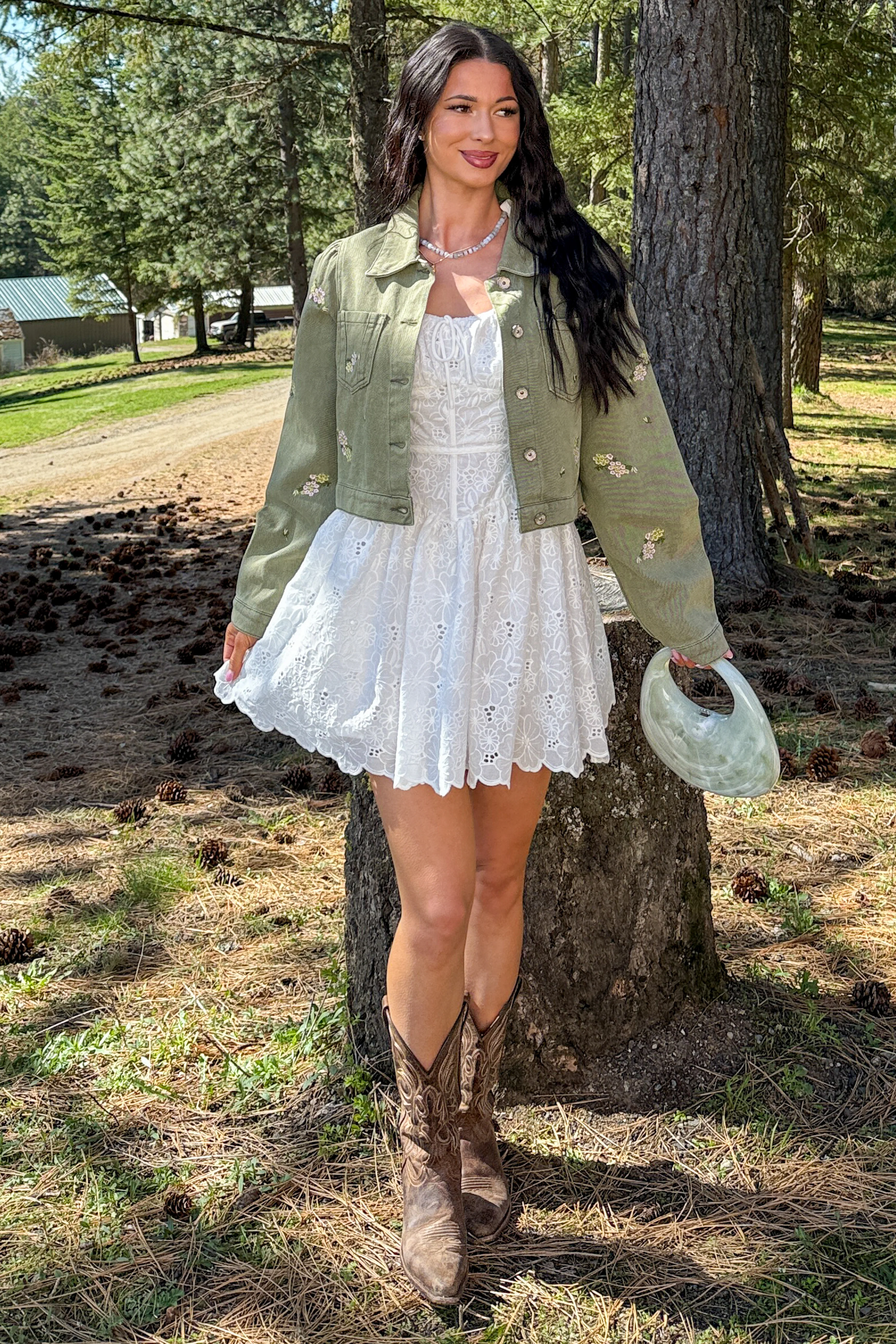 Under The Sun Floral Denim Cropped Shacket (Olive) - Image 6