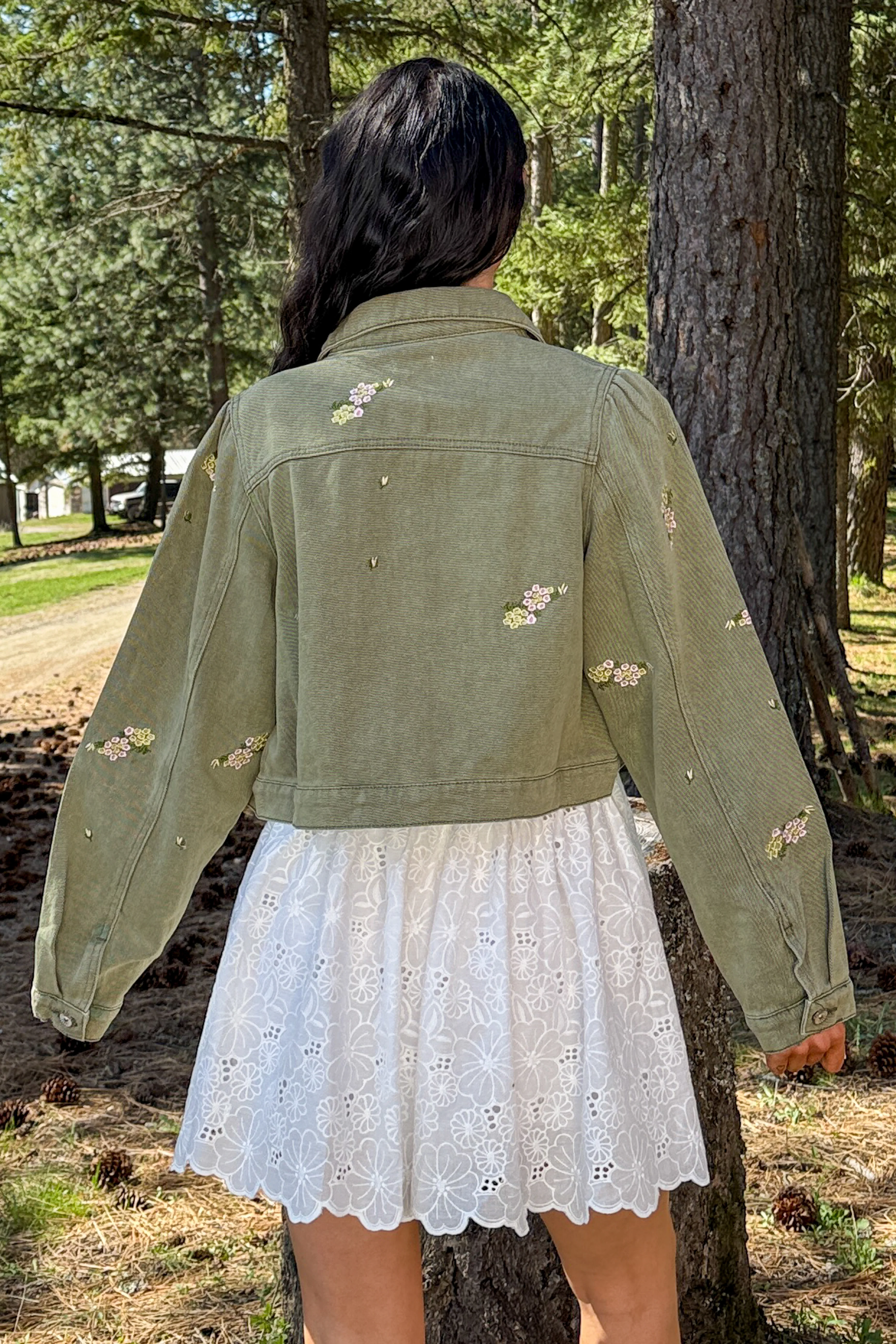 Under The Sun Floral Denim Cropped Shacket (Olive) - Image 7