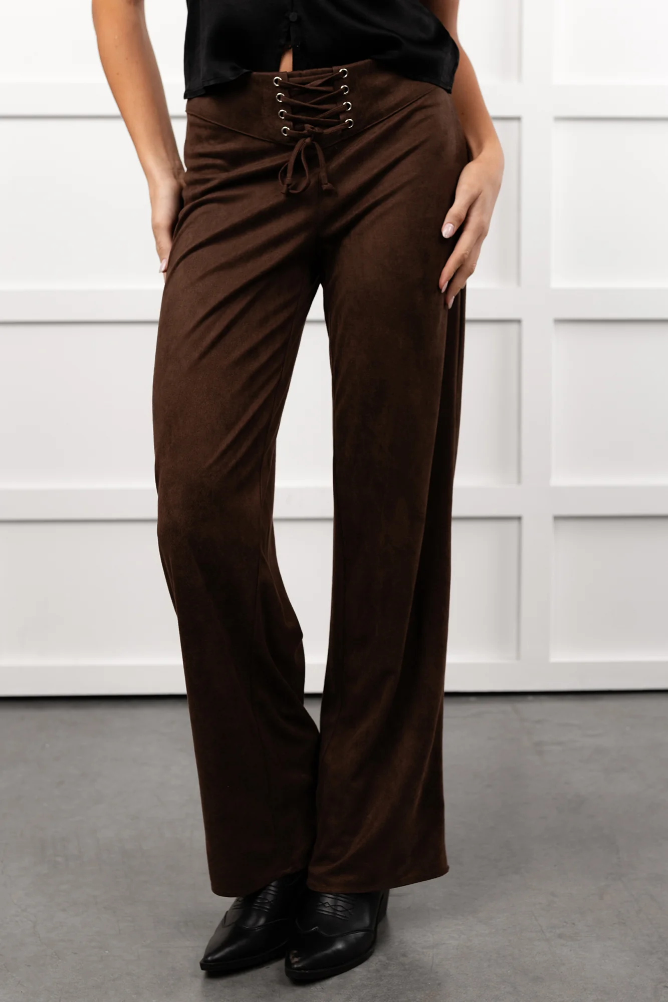Unmatched Charm Lace-Up Suede Pants (Brown) - Image 2