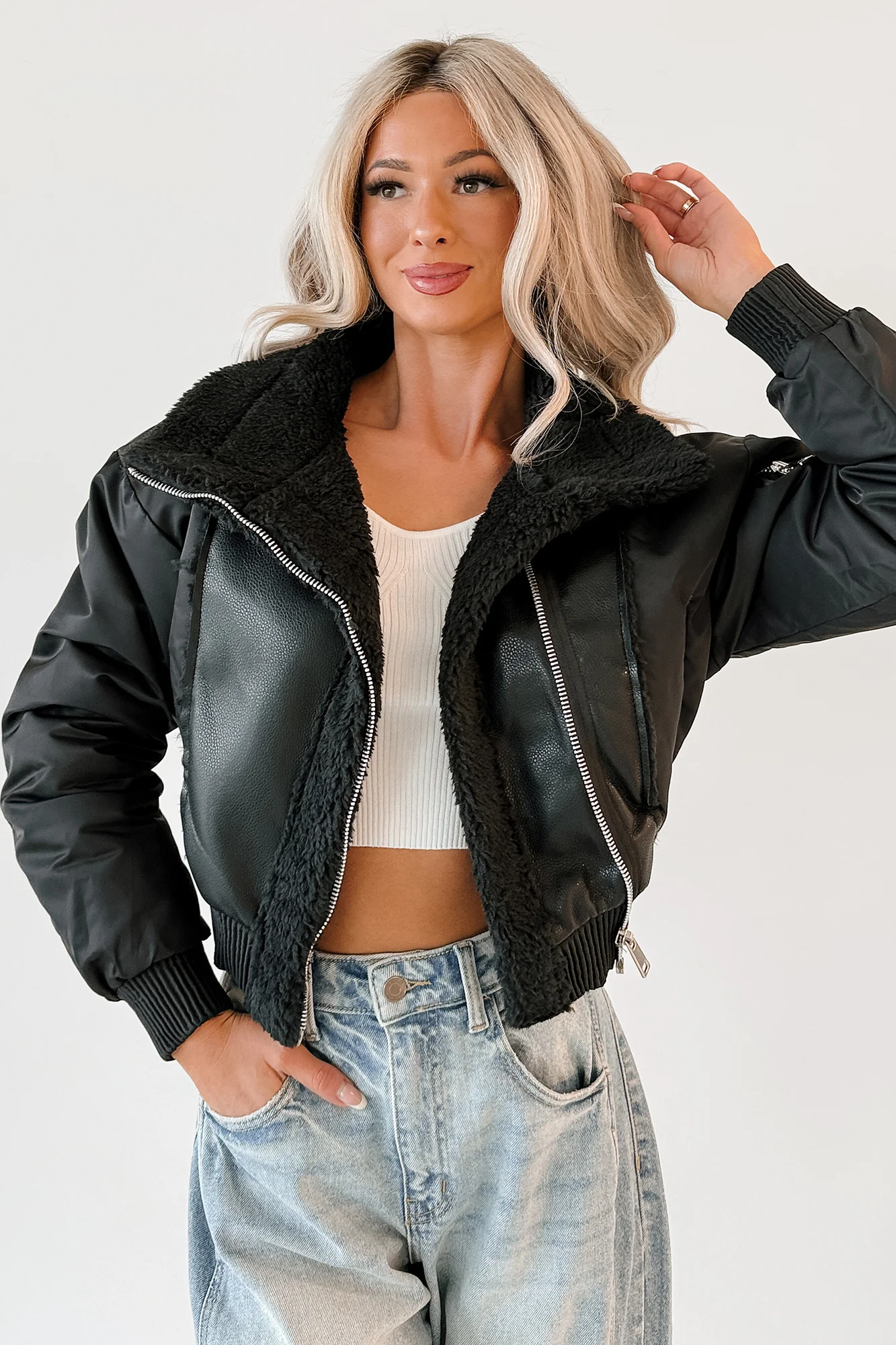 Untamed Icon Faux Leather Sherpa Jacket (Black) - Image 3