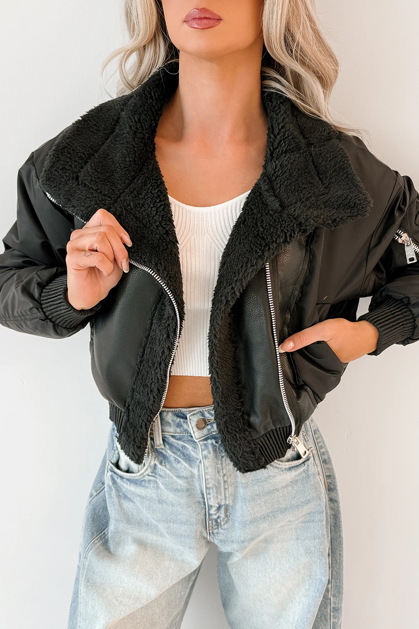 Untamed Icon Faux Leather Sherpa Jacket (Black) - Image 6