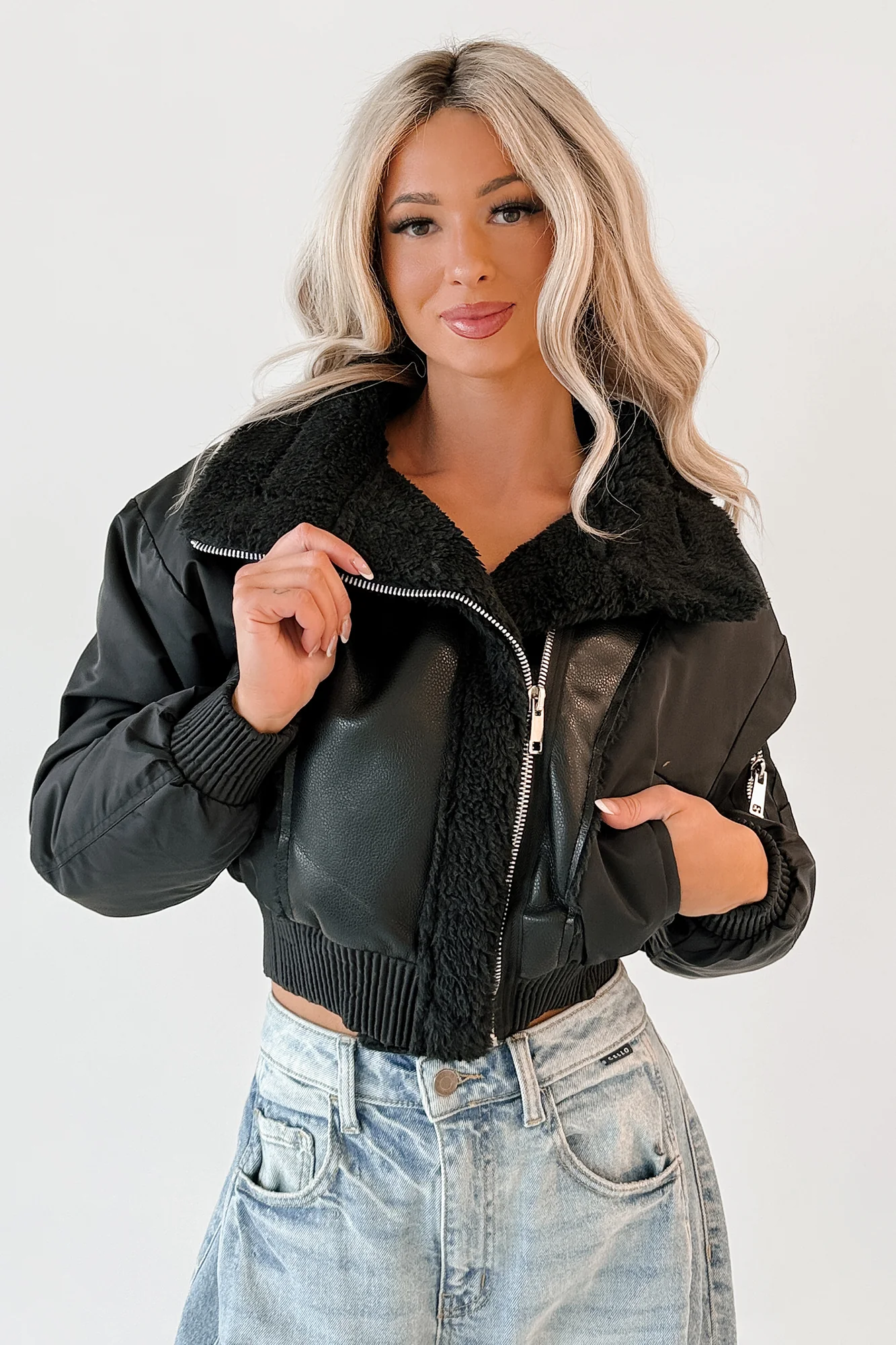 Untamed Icon Faux Leather Sherpa Jacket (Black) - Image 7