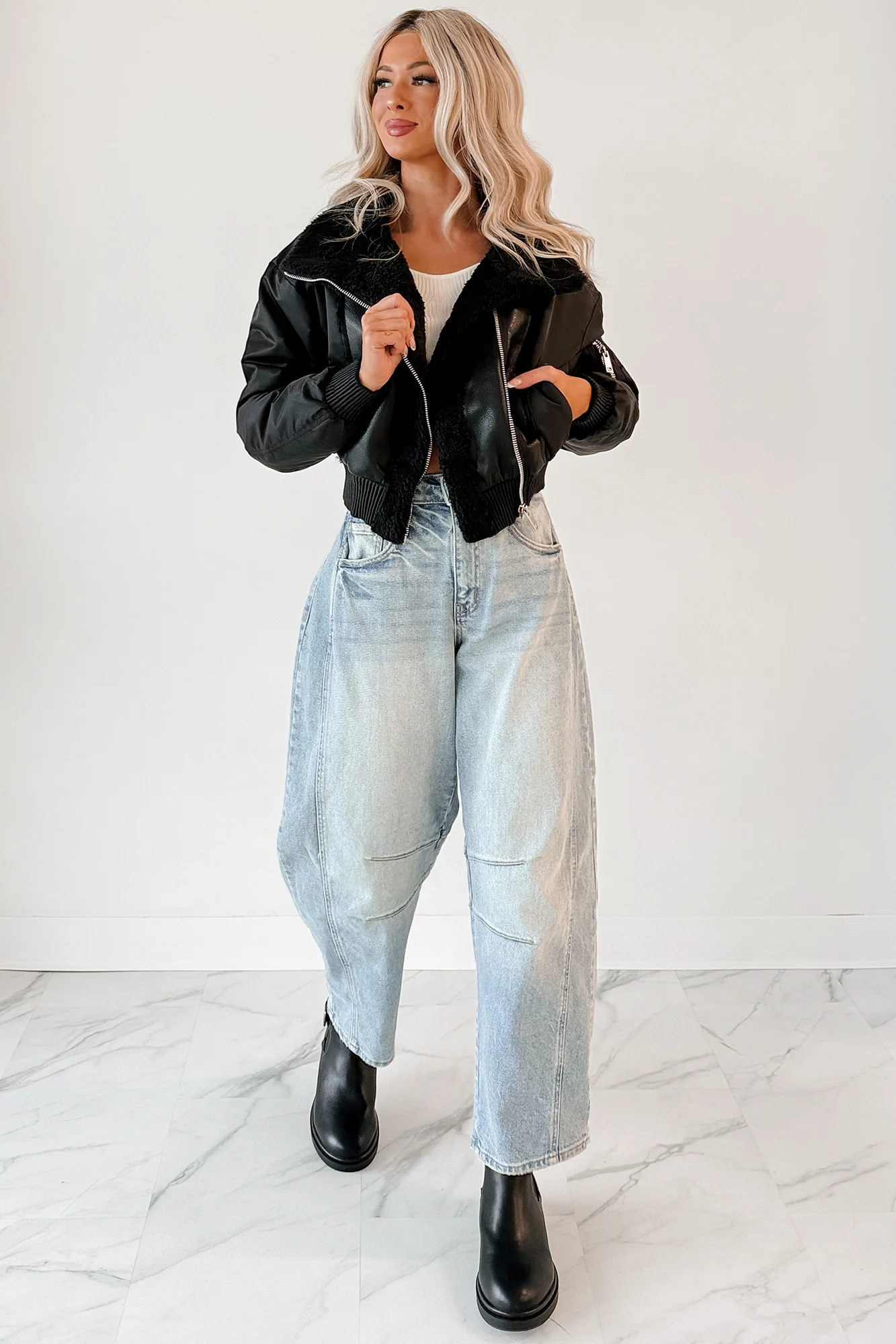 Untamed Icon Faux Leather Sherpa Jacket (Black) - Image 8