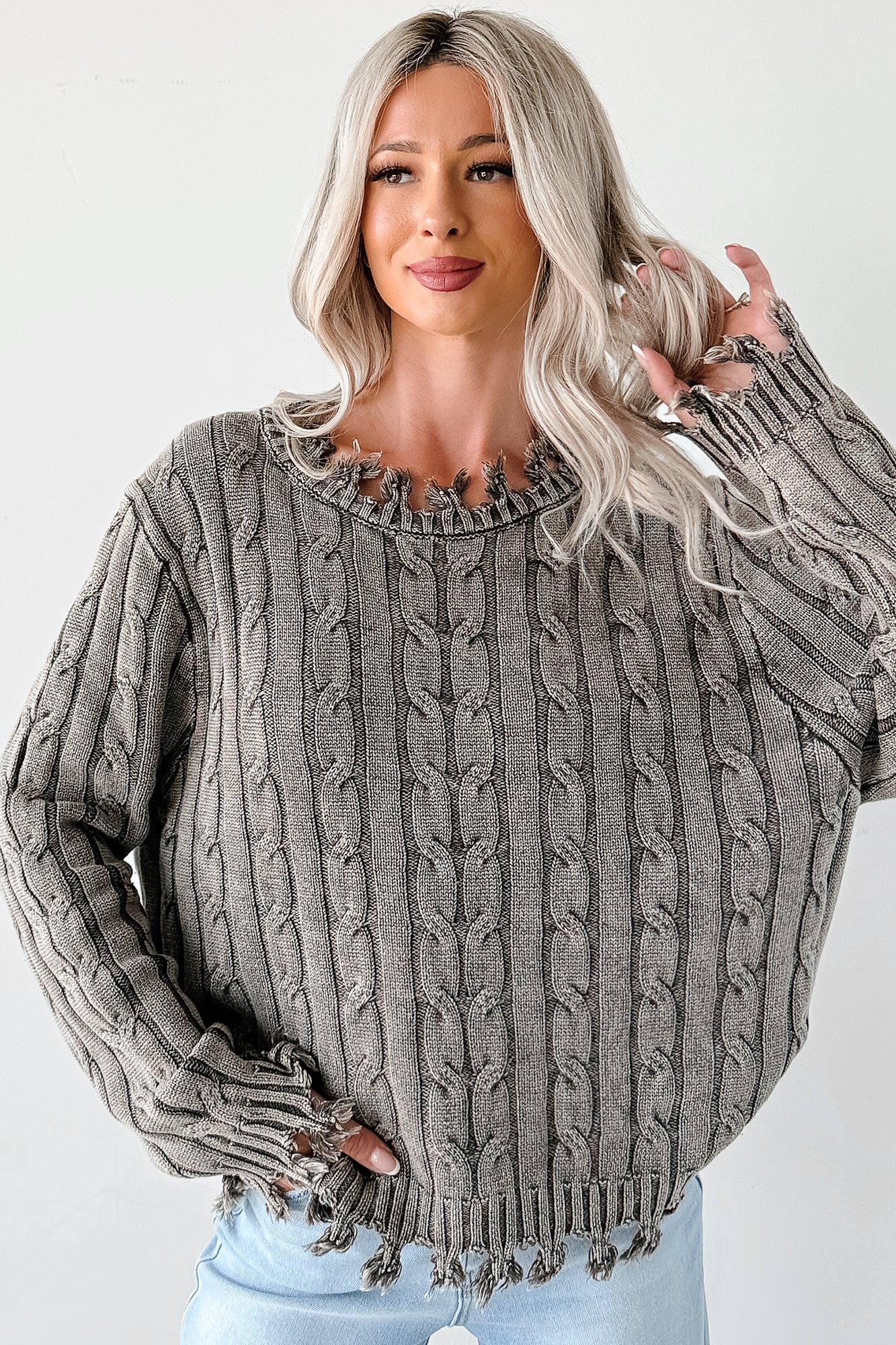 Unwritten Future Cable Knit Fringe Zenana Sweater (Brown) - Image 3