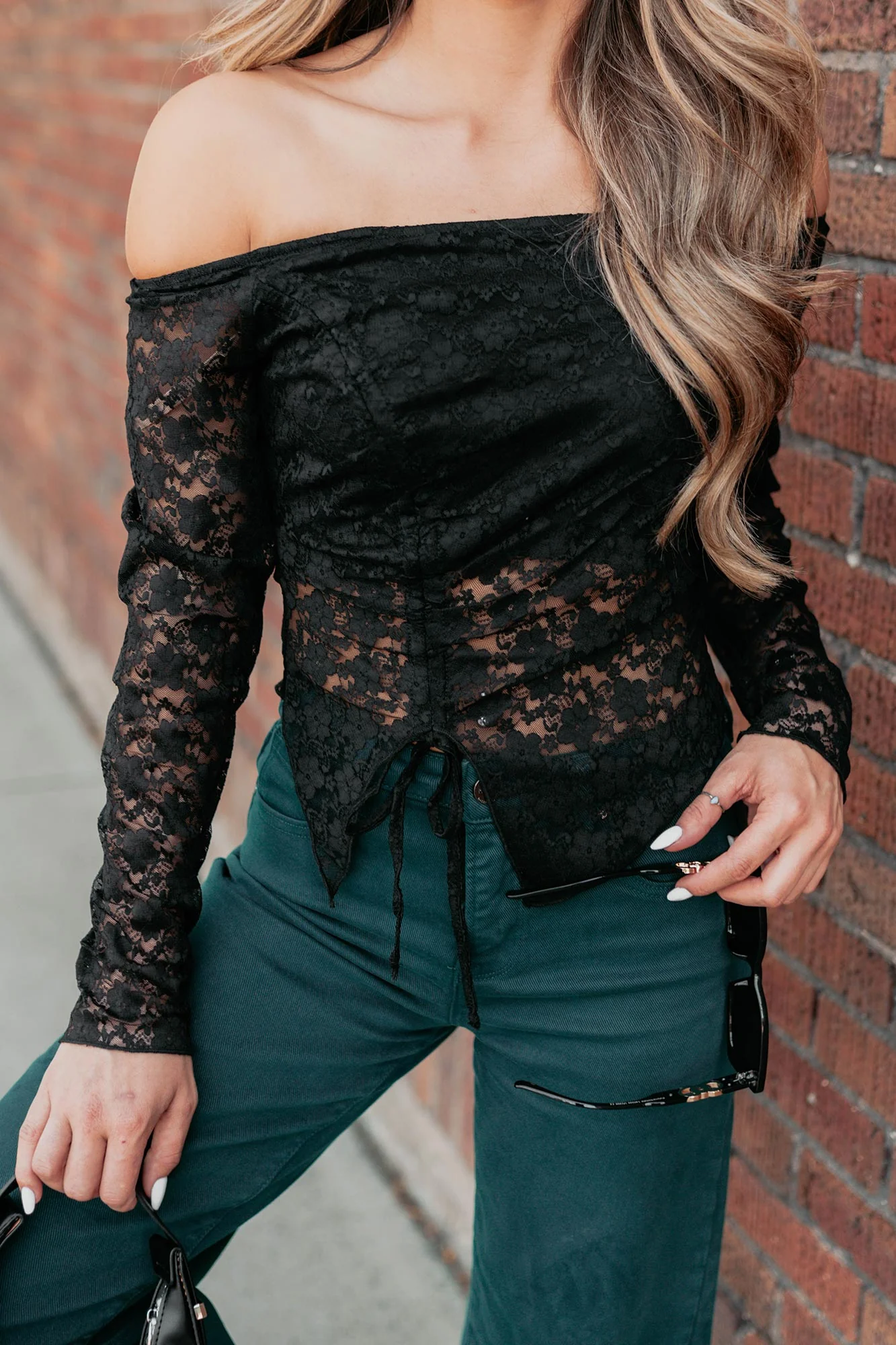 Up To Standard Ruched Lace Asymmetric Top (Black) - Image 2
