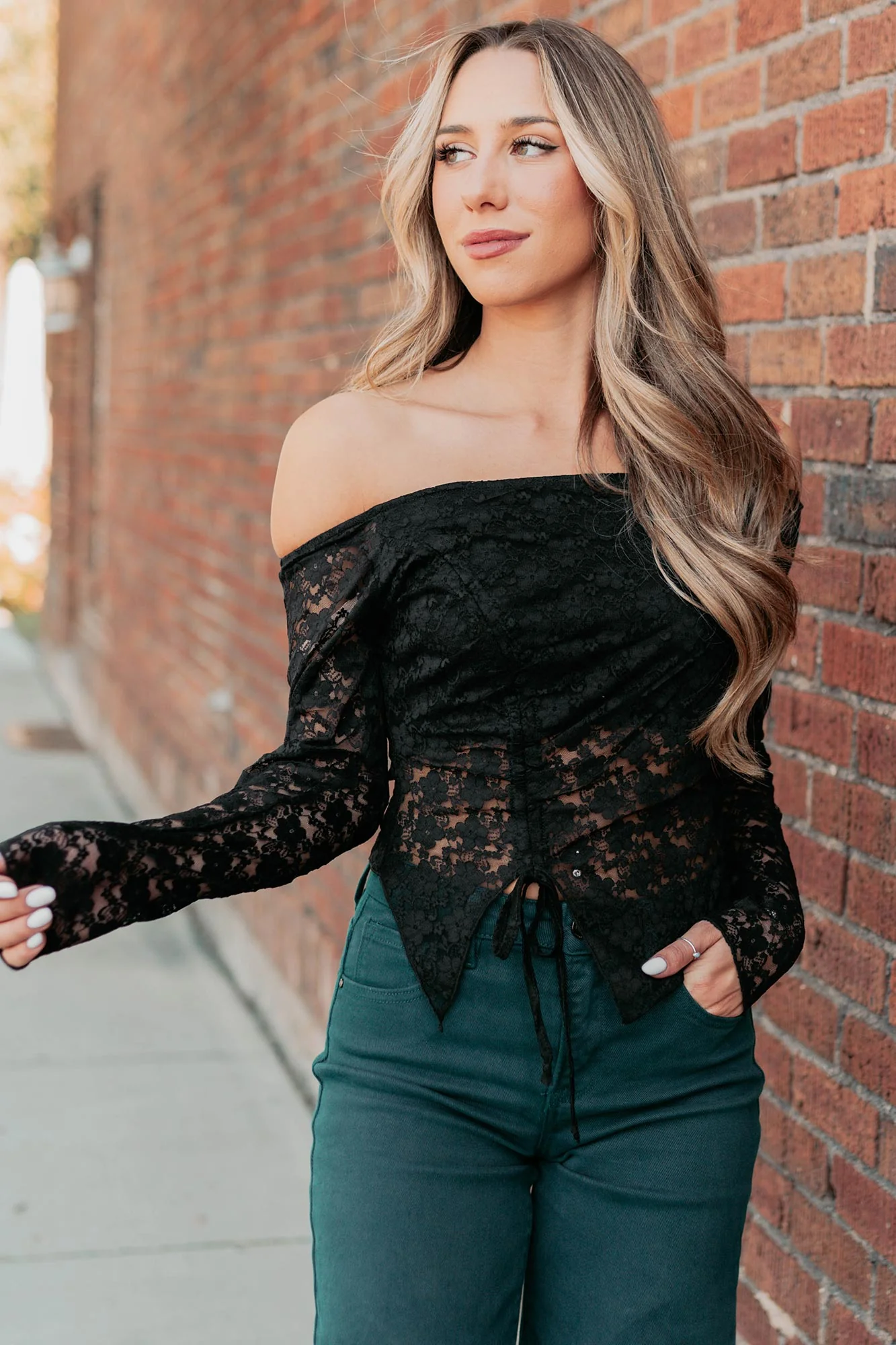 Up To Standard Ruched Lace Asymmetric Top (Black) - Image 3