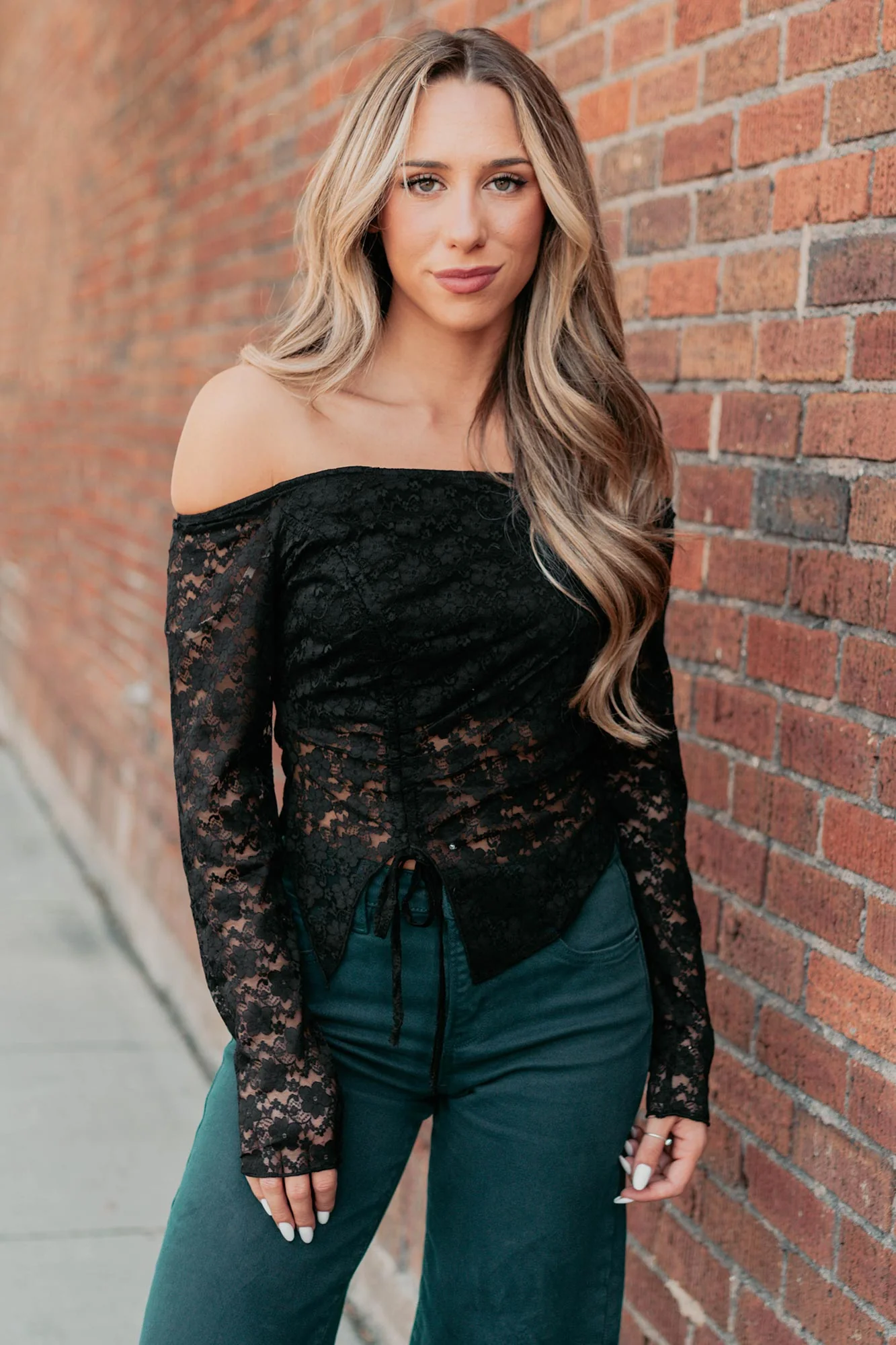 Up To Standard Ruched Lace Asymmetric Top (Black) - Image 4