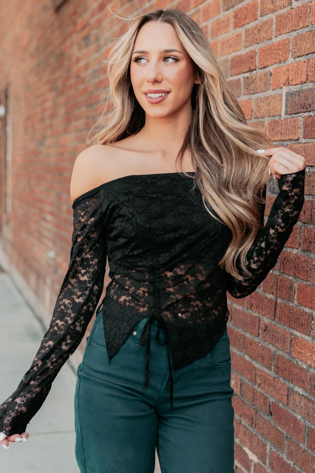 Up To Standard Ruched Lace Asymmetric Top (Black) - Image 6